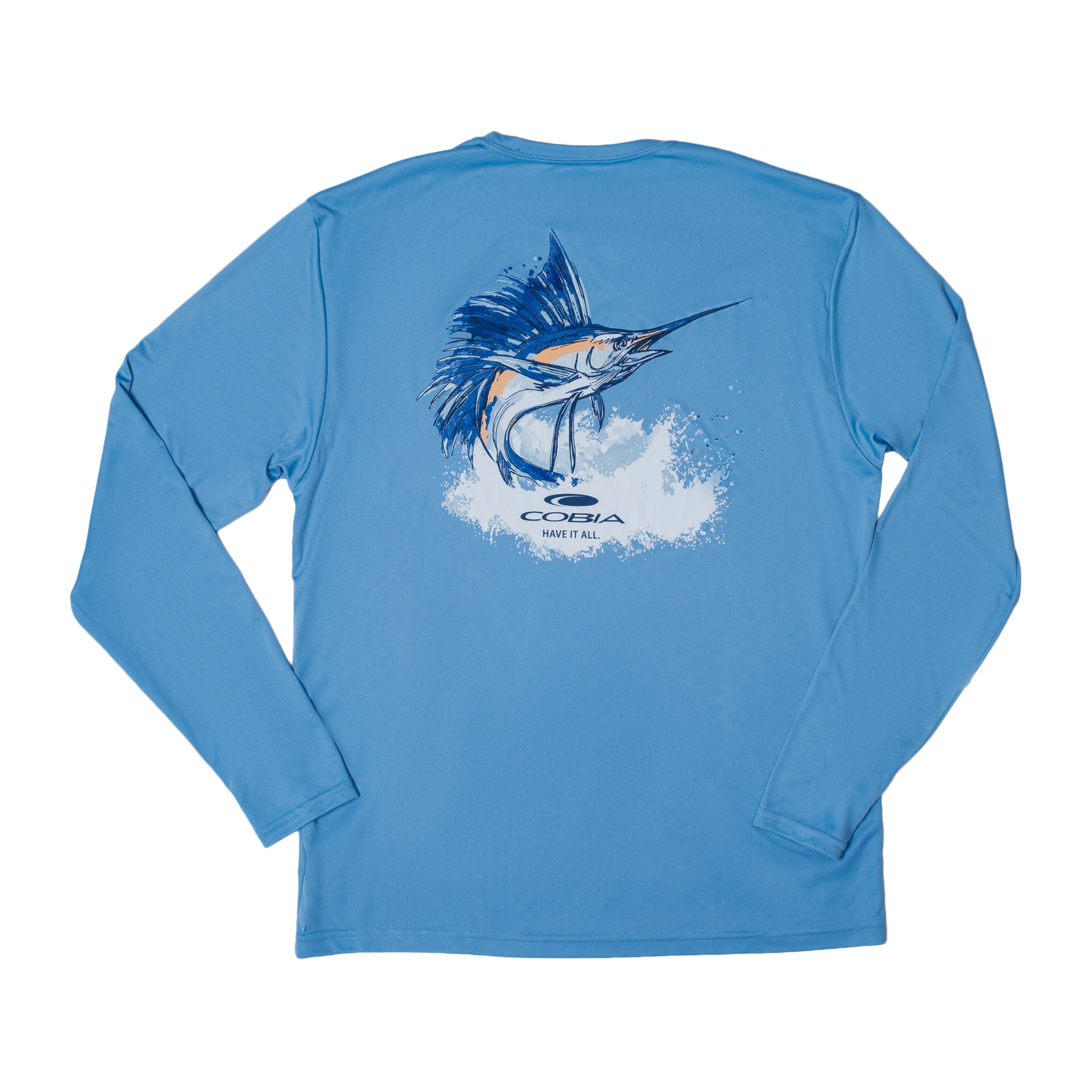 Light blue long-sleeve shirt featuring a marlin graphic on the back.