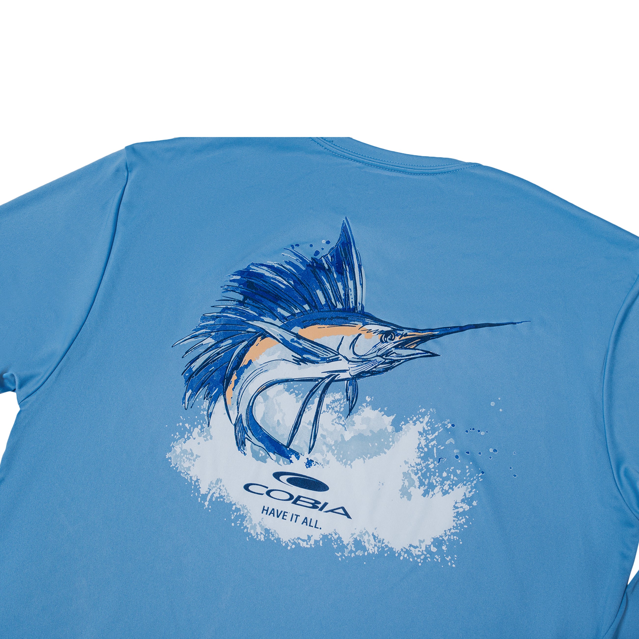 Back of a light blue shirt featuring a marlin graphic with the text 'Cobia, have it all' beneath it.