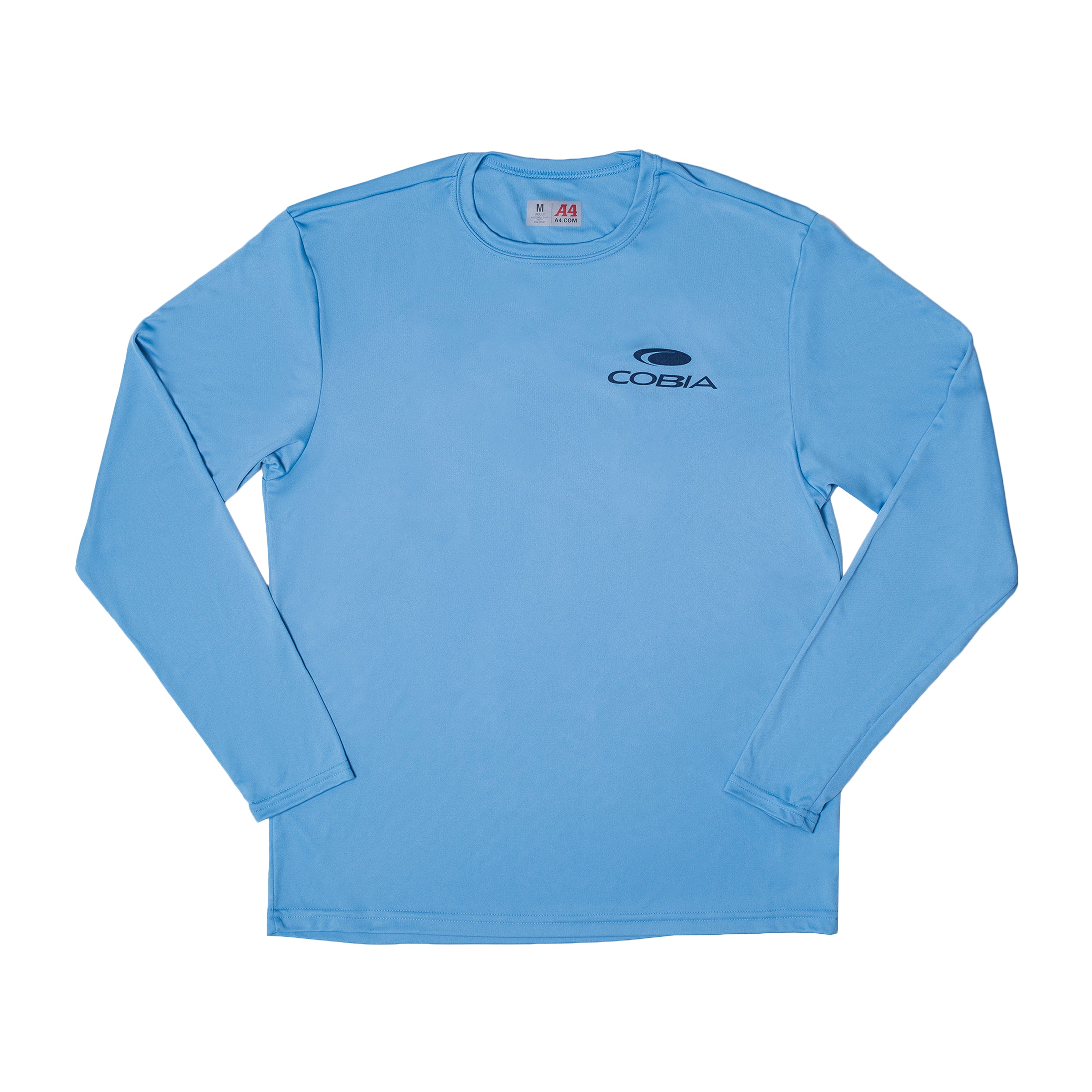 Light blue long-sleeve shirt with a navy Cobia logo on the left chest.