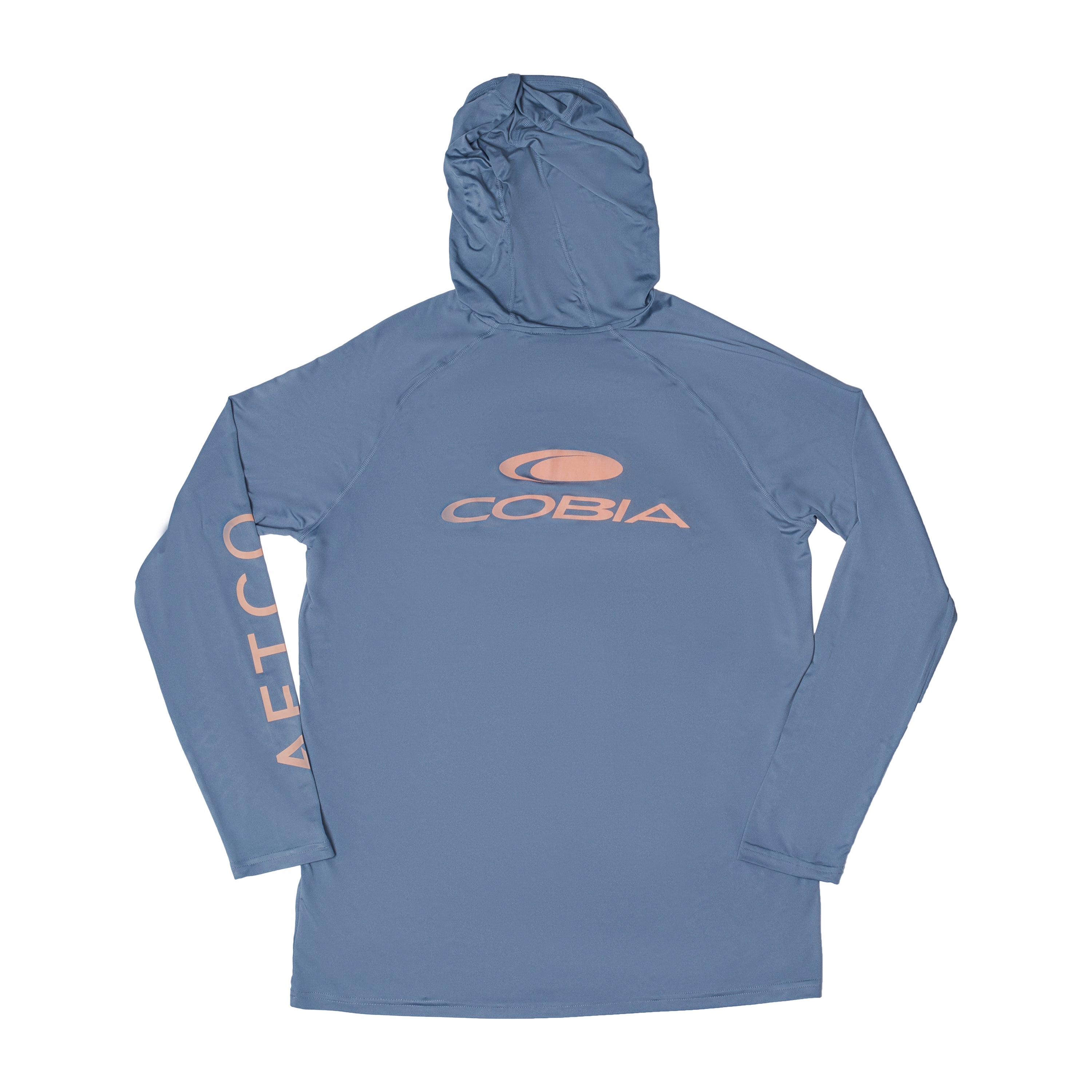 Back view of a grey blue long-sleeve hooded shirt with 'COBIA' printed on it and 'AFTCO' printed down the sleeve in pink.