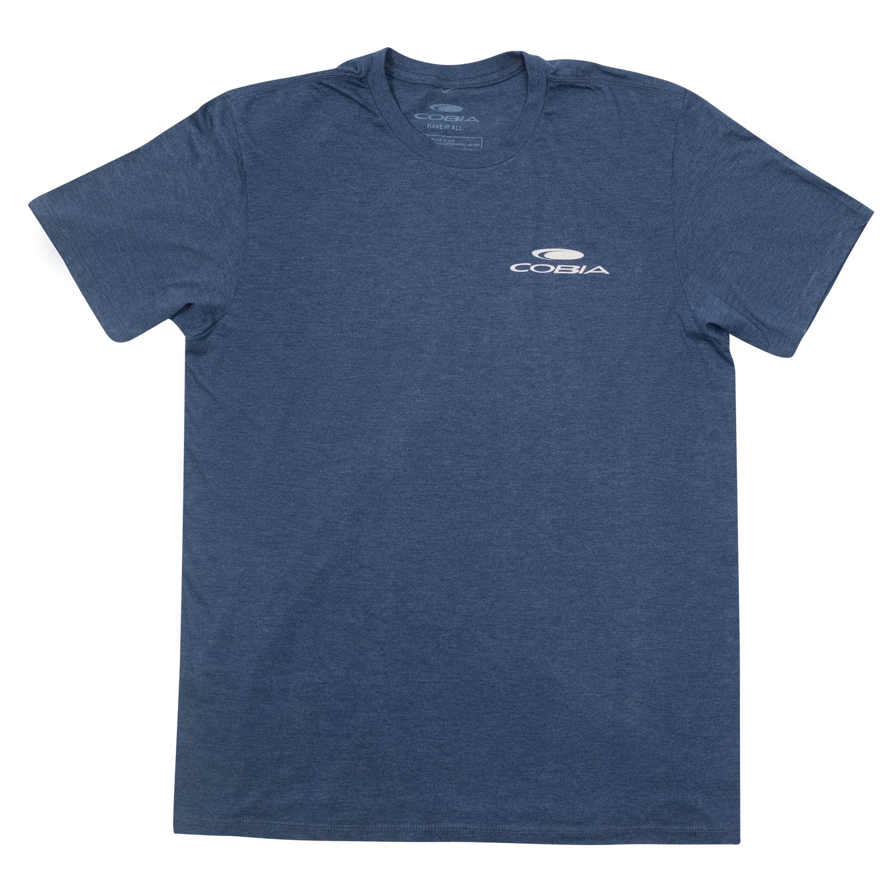 Blue short-sleeve T-shirt with a white cobia logo on the chest.