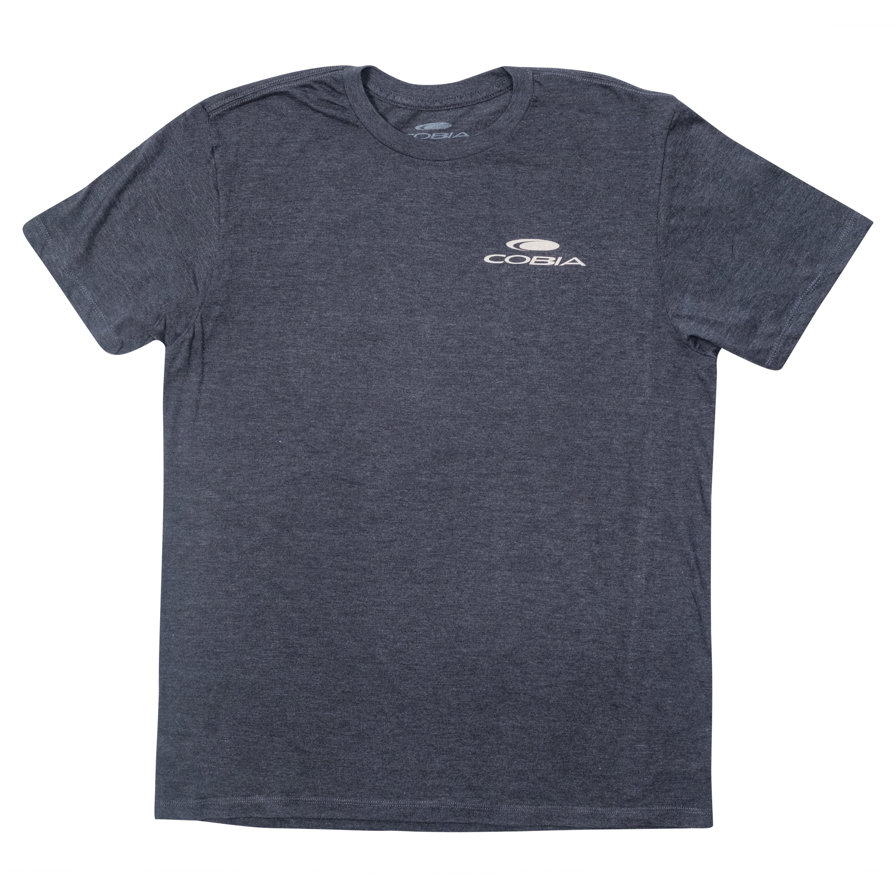 Gray short-sleeve T-shirt with a white cobia logo on the chest.