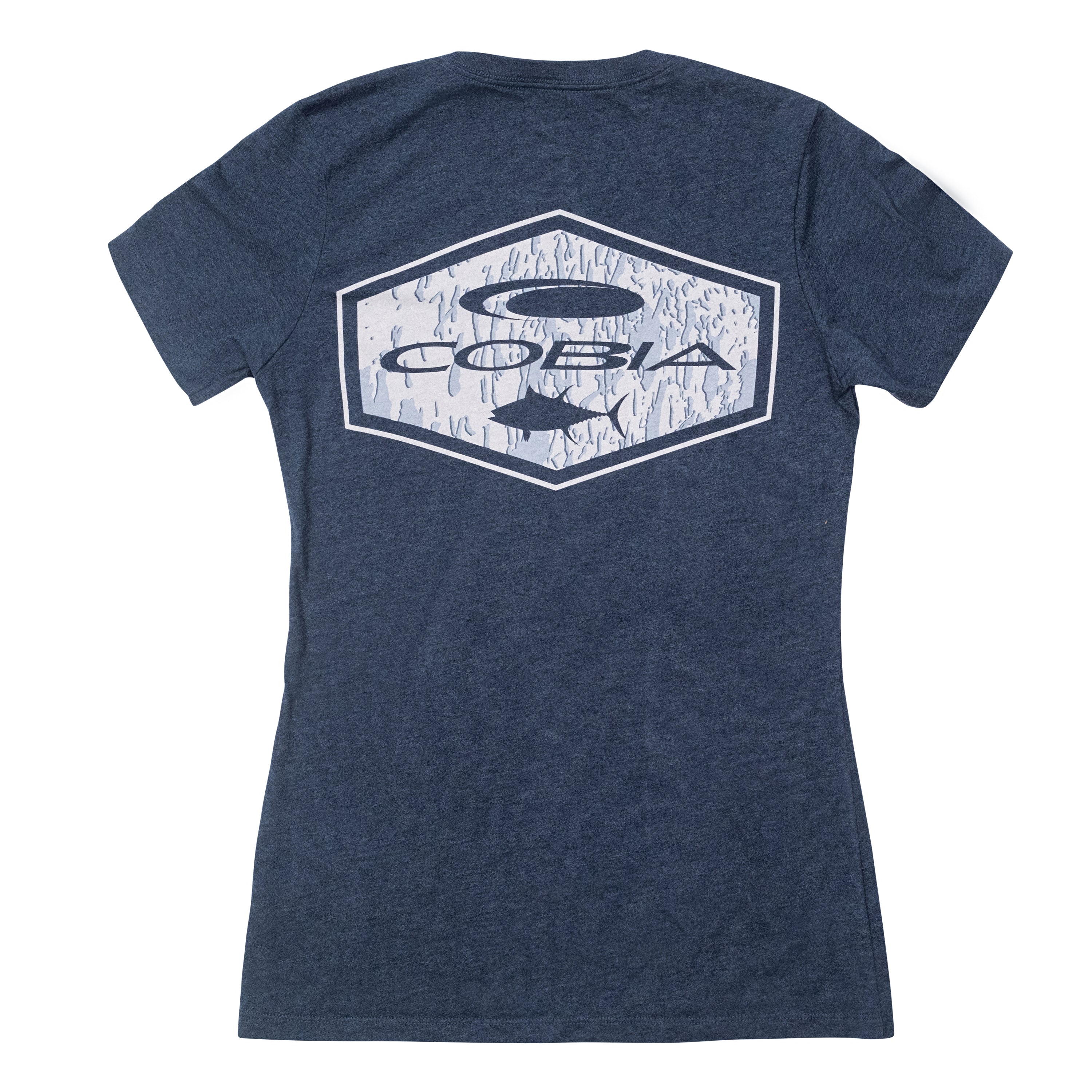 Back view of a navy blue T-shirt featuring a Cobia logo in a hexagonal design.