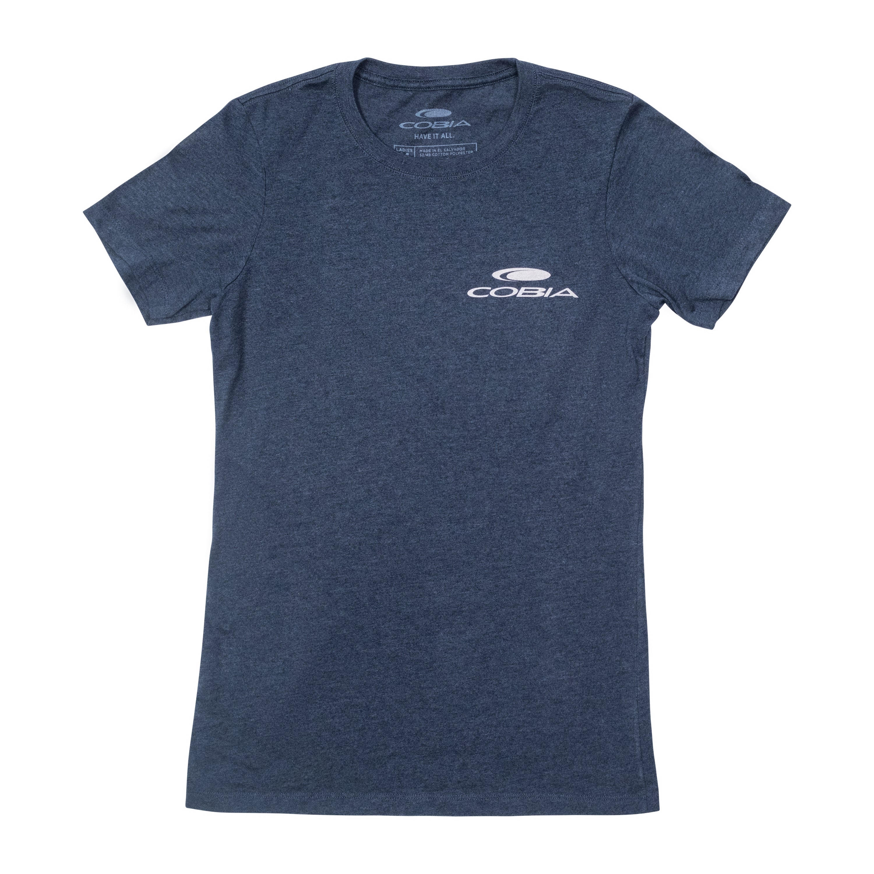 Dark blue short-sleeve T-shirt with a white cobia logo on the left chest.