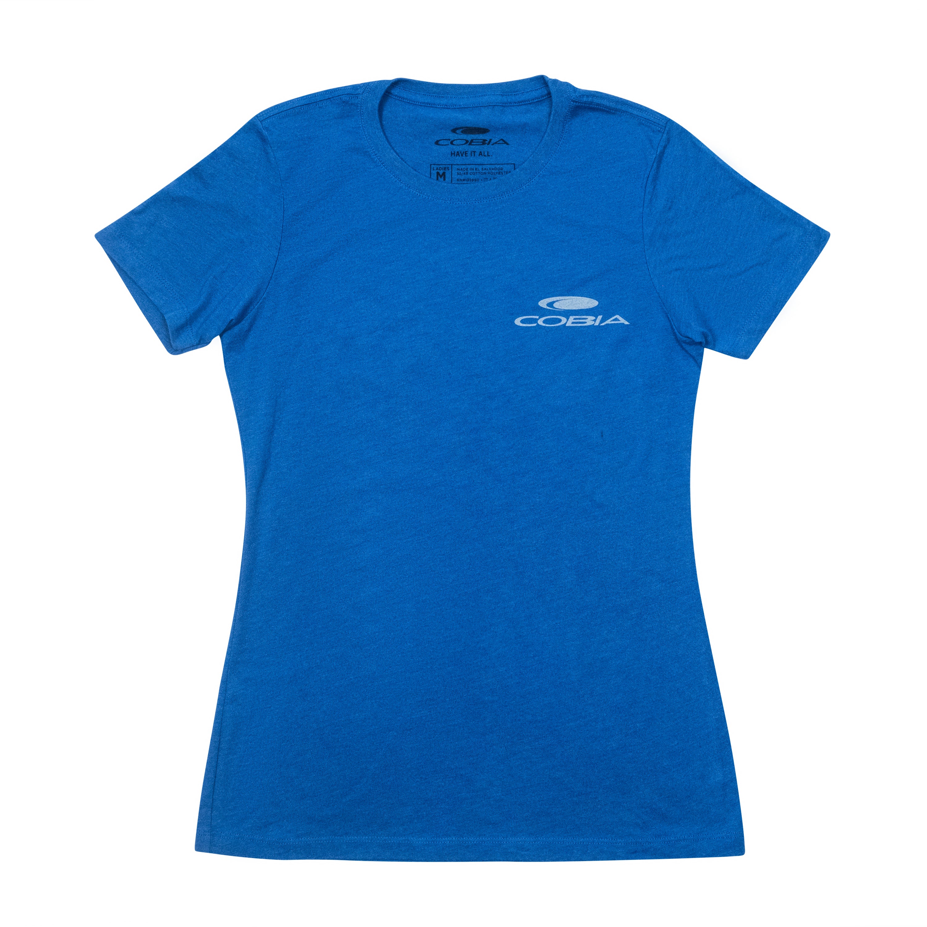 Blue short-sleeve T-shirt with a white cobia logo on the chest.