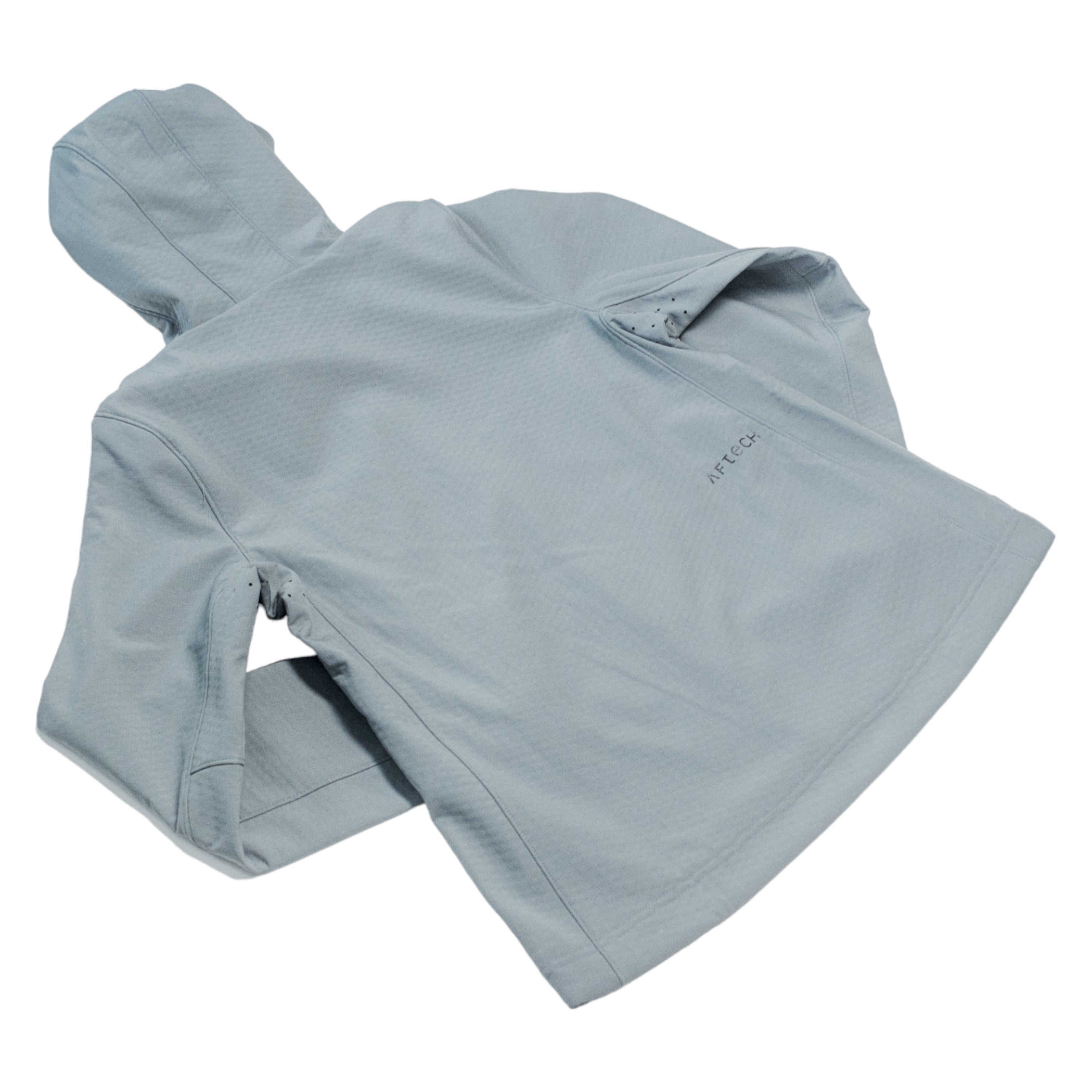 Back view of a light grey hooded jacket.