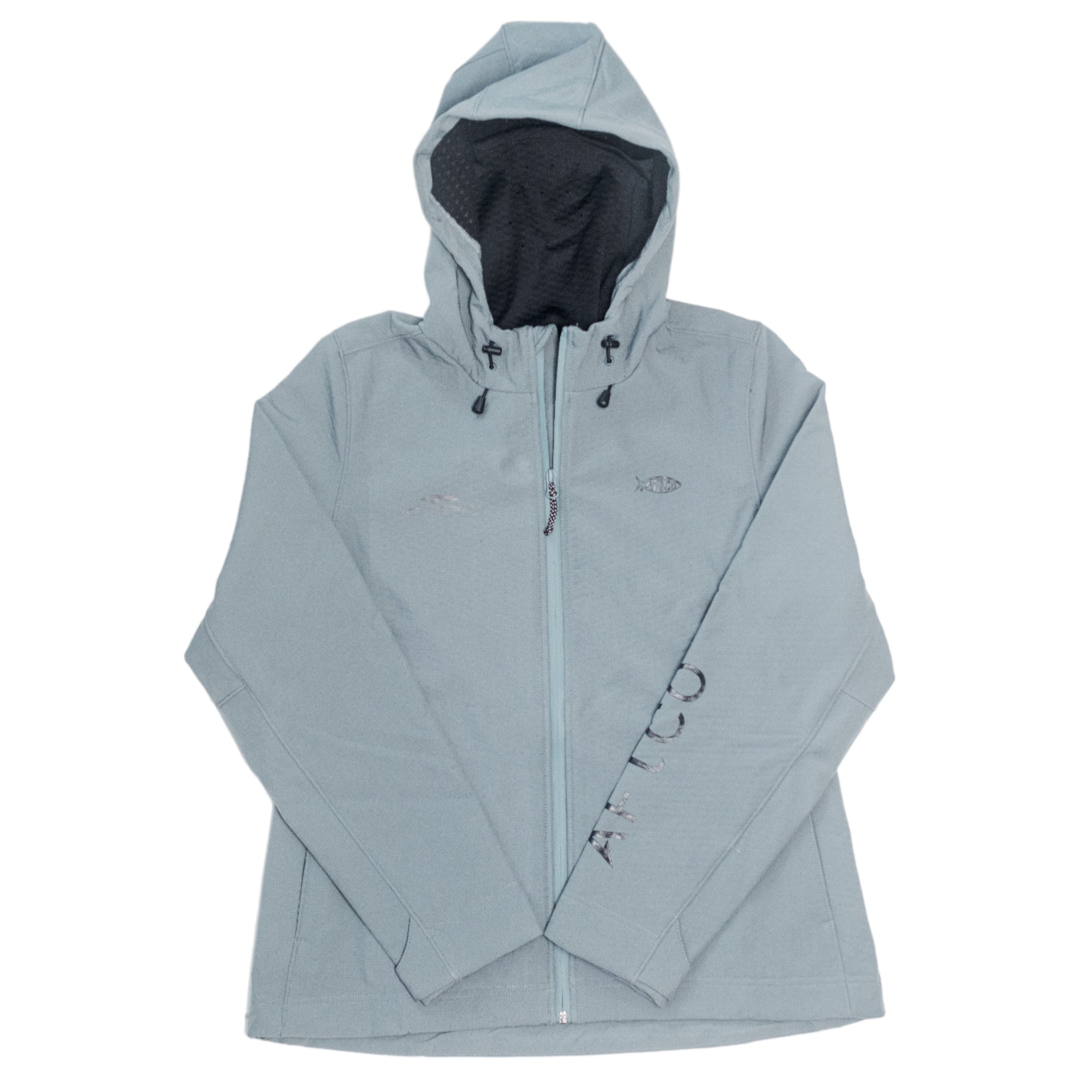 Light gray hooded jacket with a zipper and a cobia logo on the right chest.
