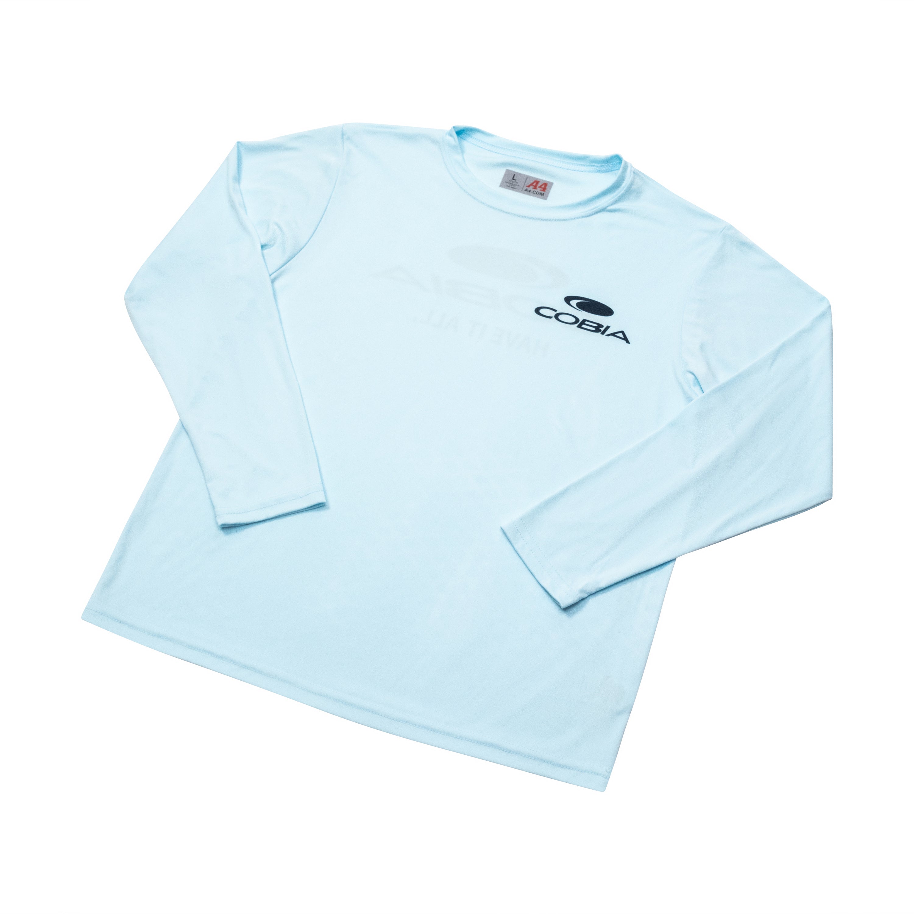 Light blue long-sleeve shirt with a navy cobia logo on the chest.