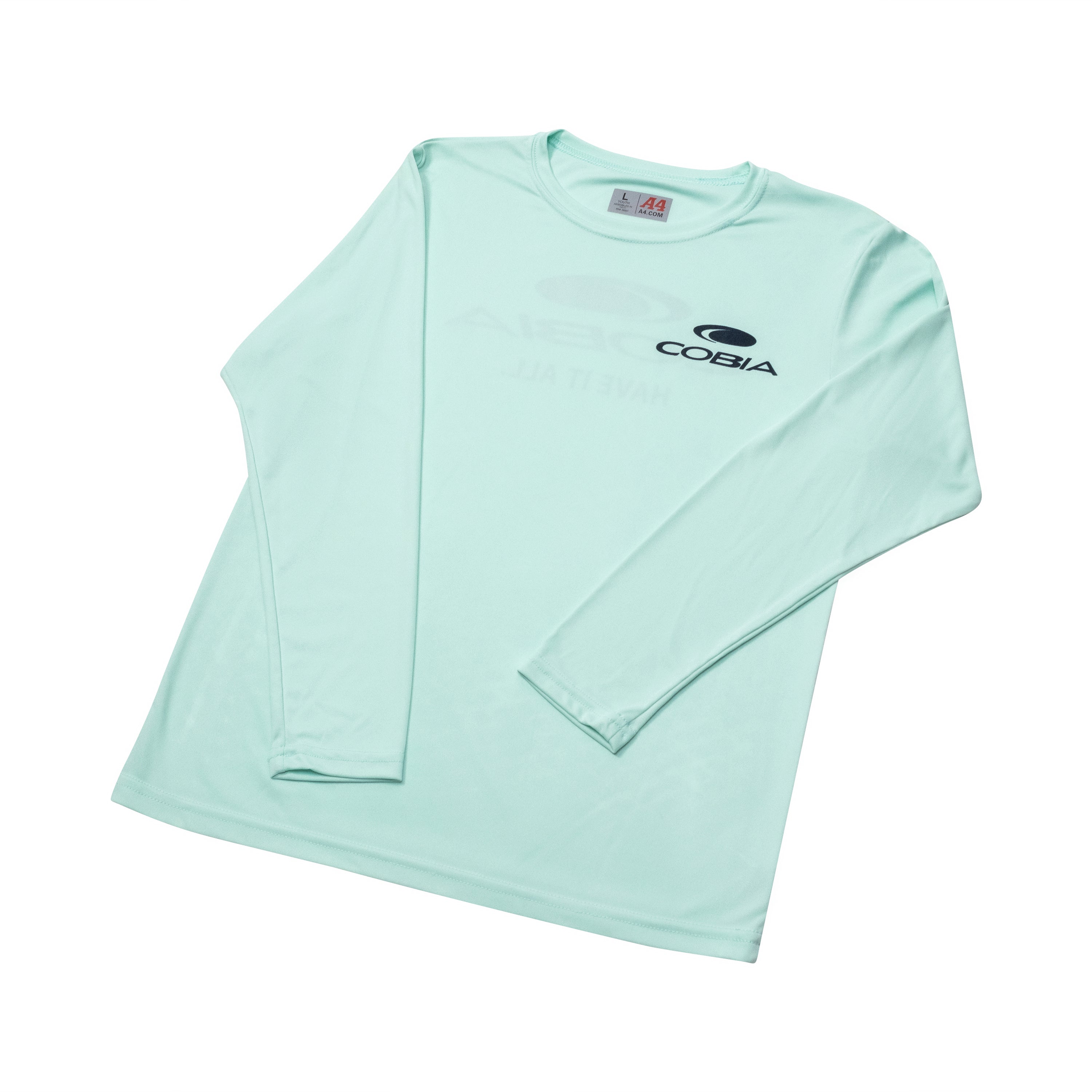 Mint green long-sleeve shirt with a navy cobia logo on the front.
