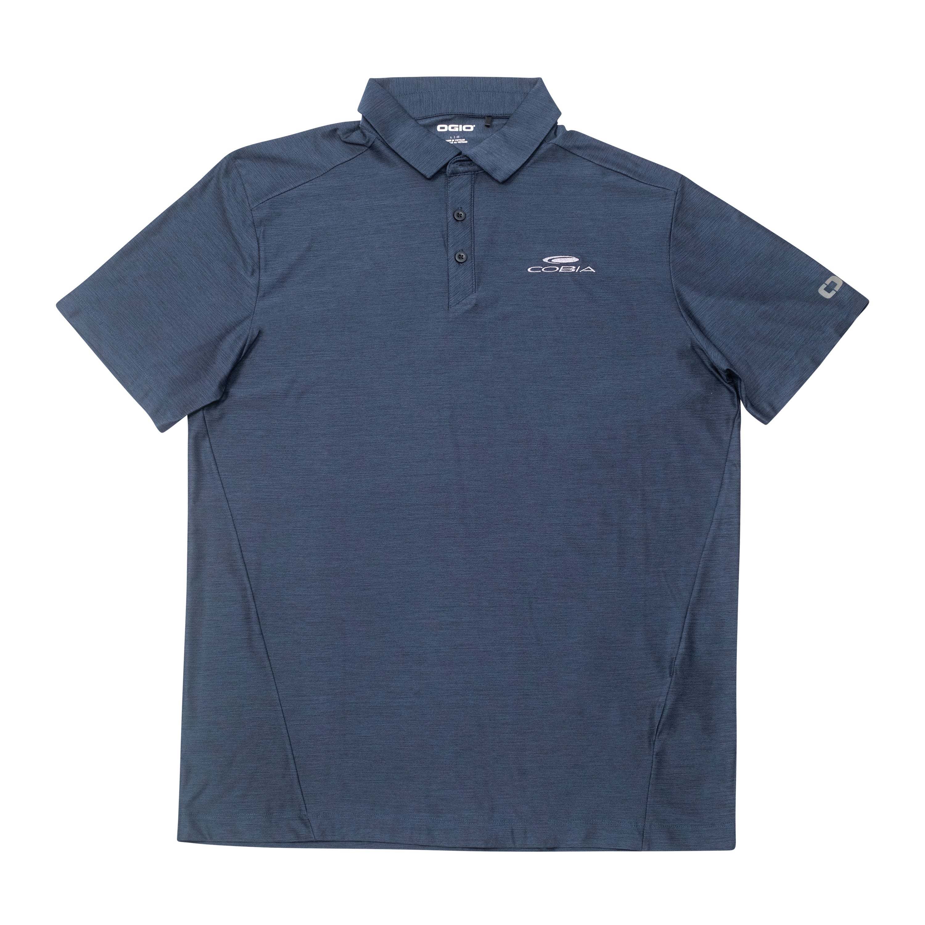 Navy blue short-sleeve polo shirt with a white cobia logo on the left chest.