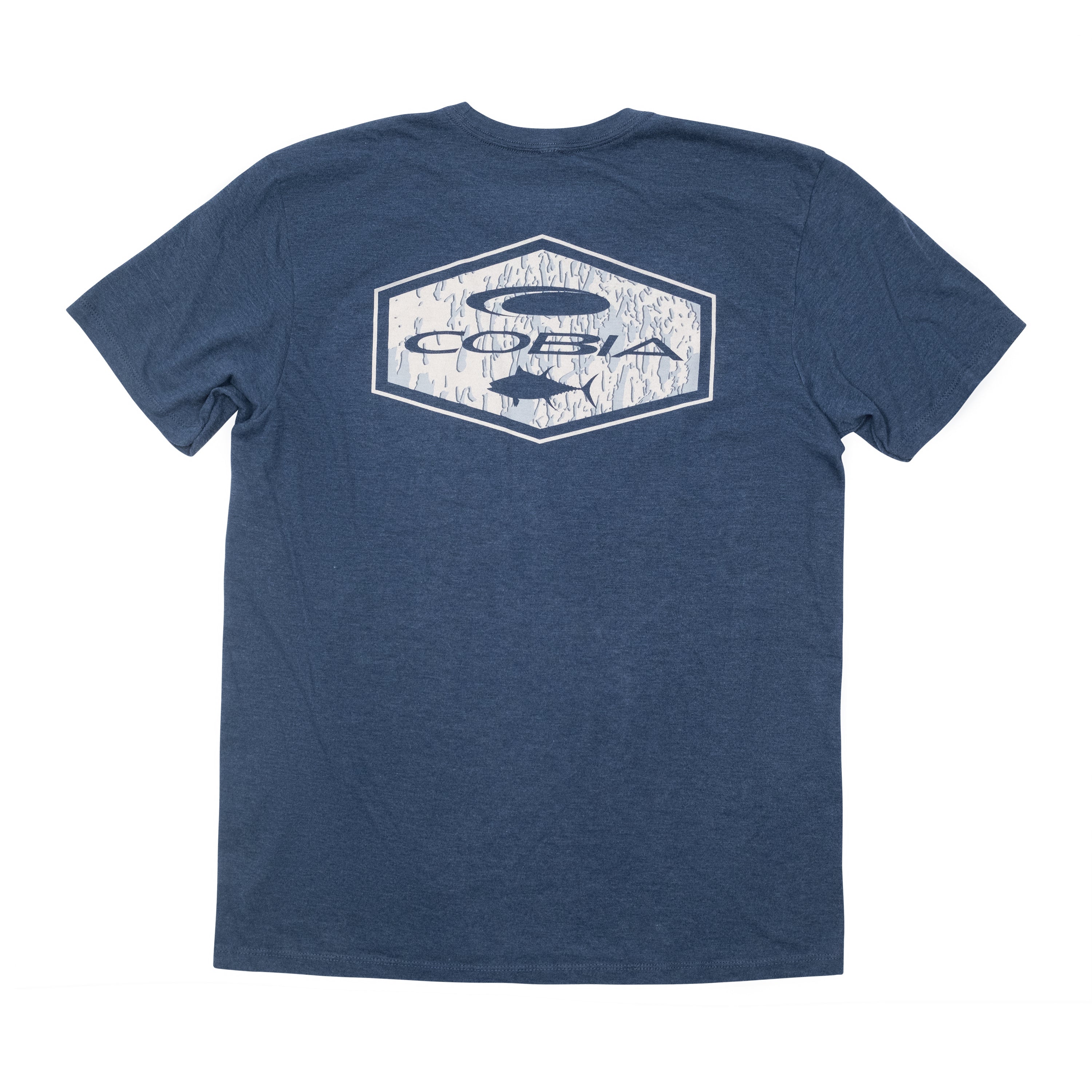 Navy blue T-shirt with a distressed white cobia logo on the back.