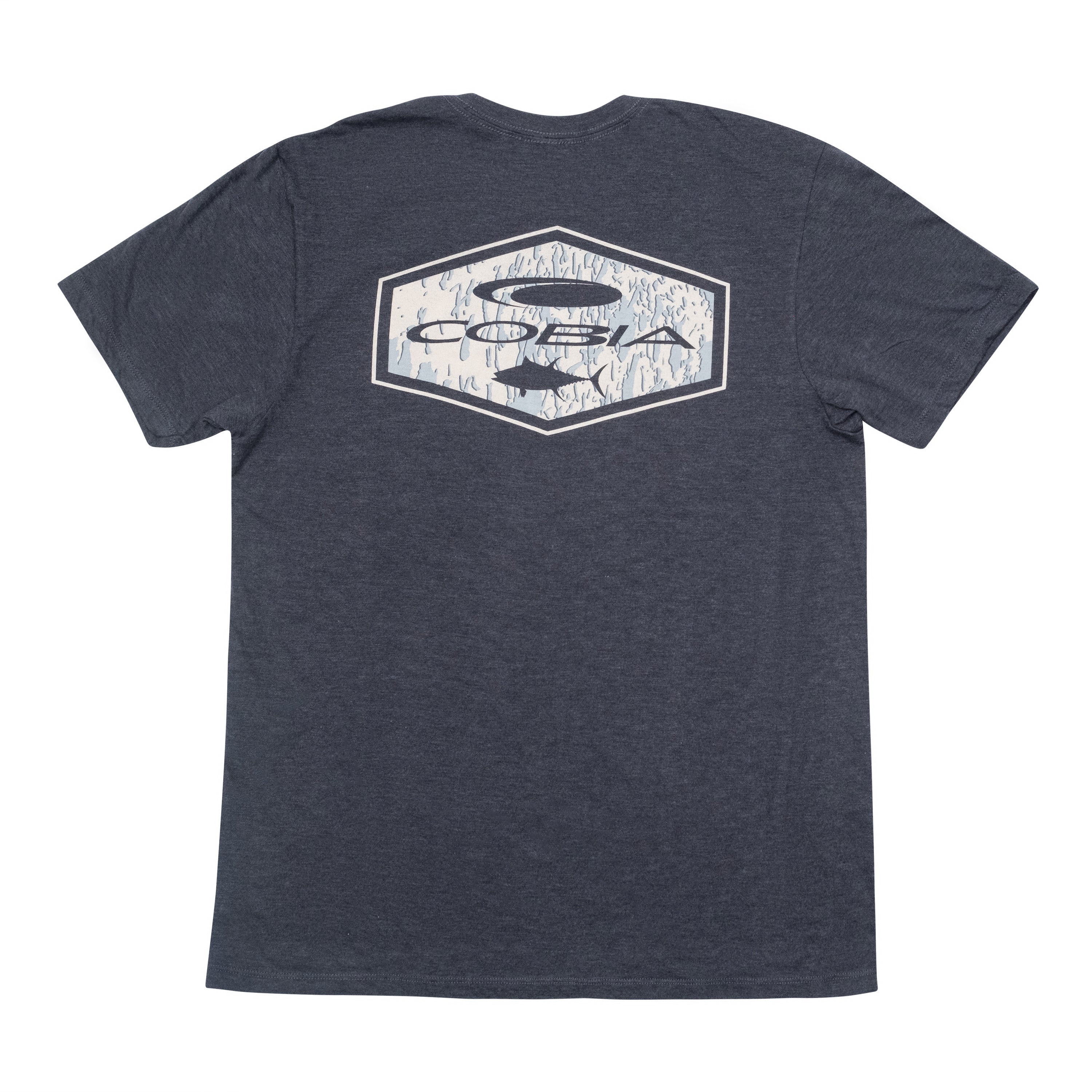 Dark grey T-shirt with a white distressed hexagonal design on the back featuring the cobia logo.