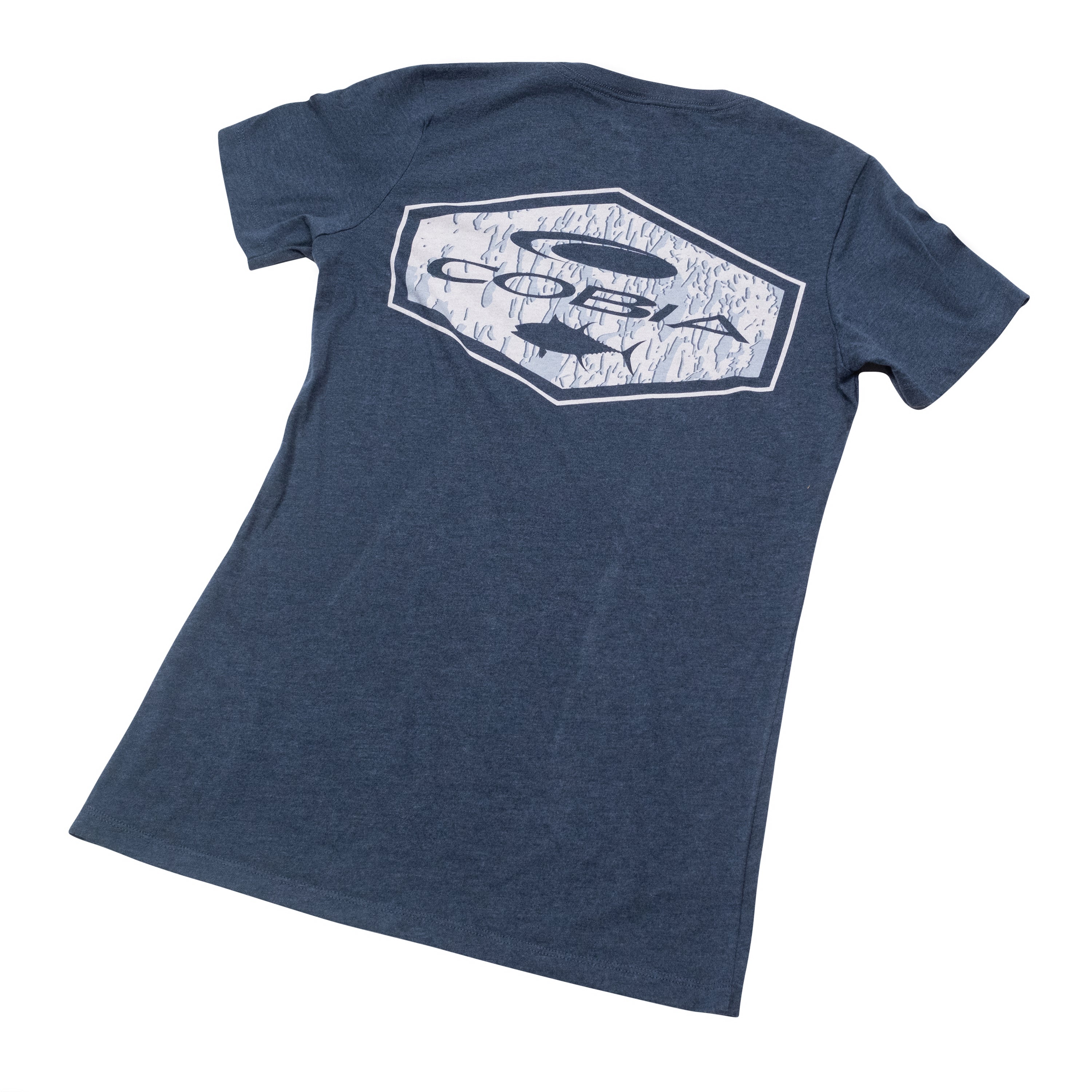 Rear view of a navy blue T-shirt featuring a white distressed cobia logo design.