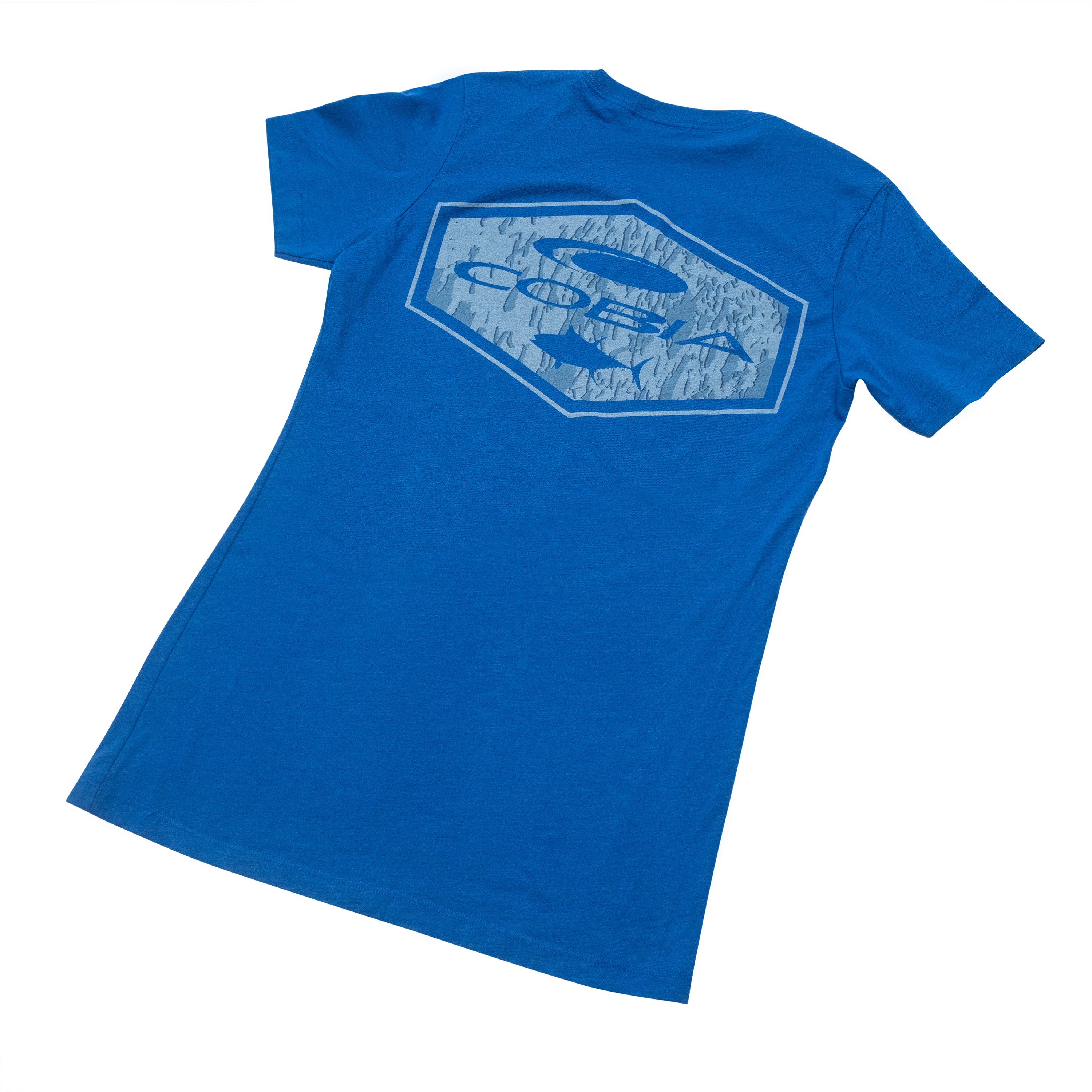 Blue T-shirt with a distressed blue cobia design on the back.
