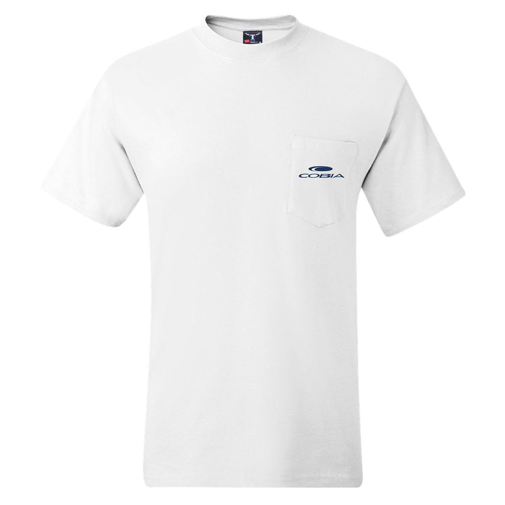 White t-shirt with a pocket and logo on the chest.