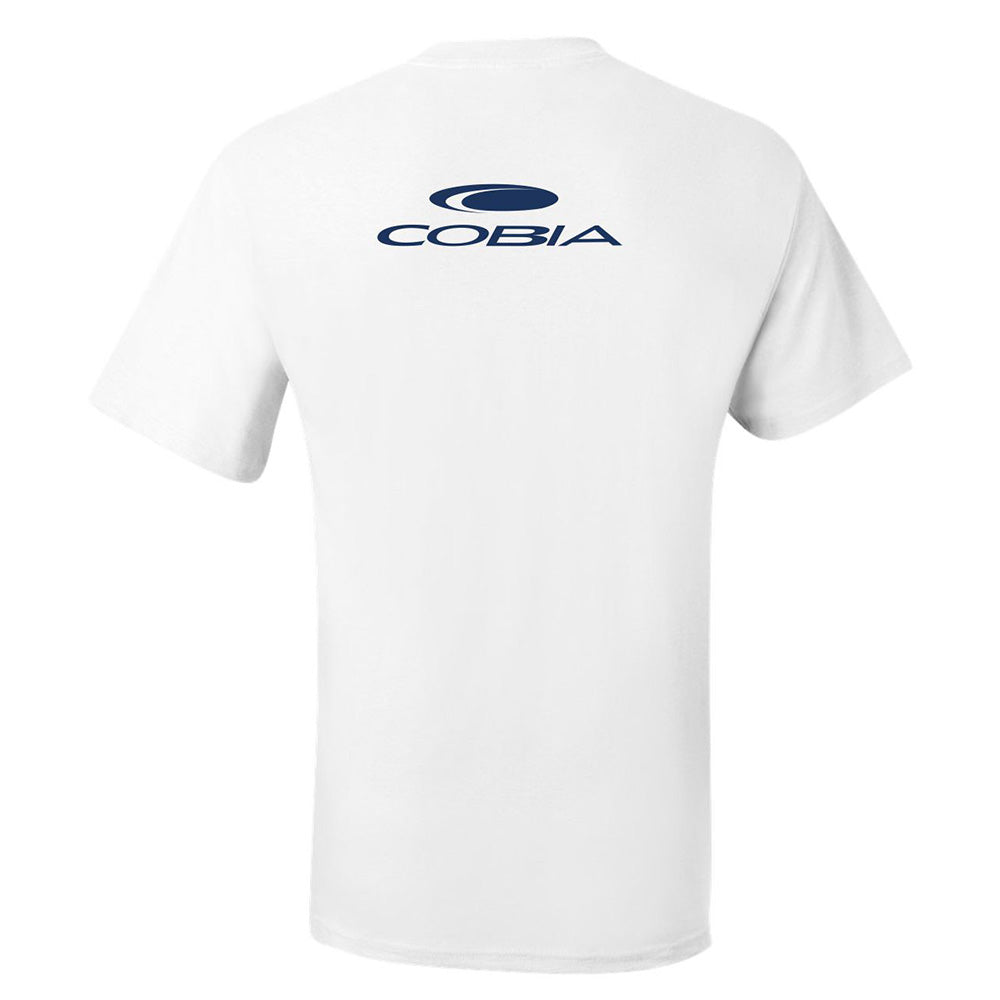 White t-shirt featuring the word 'COBIA' in dark blue on the back.
