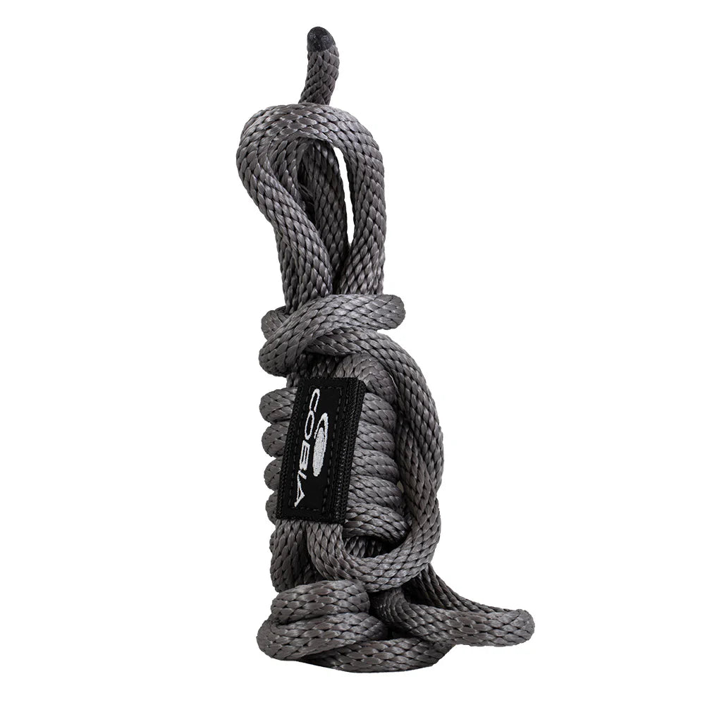 A coil of gray rope with a black and white cobia label attached.