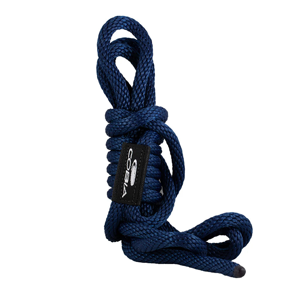 Coiled blue rope with a black and white cobia label.