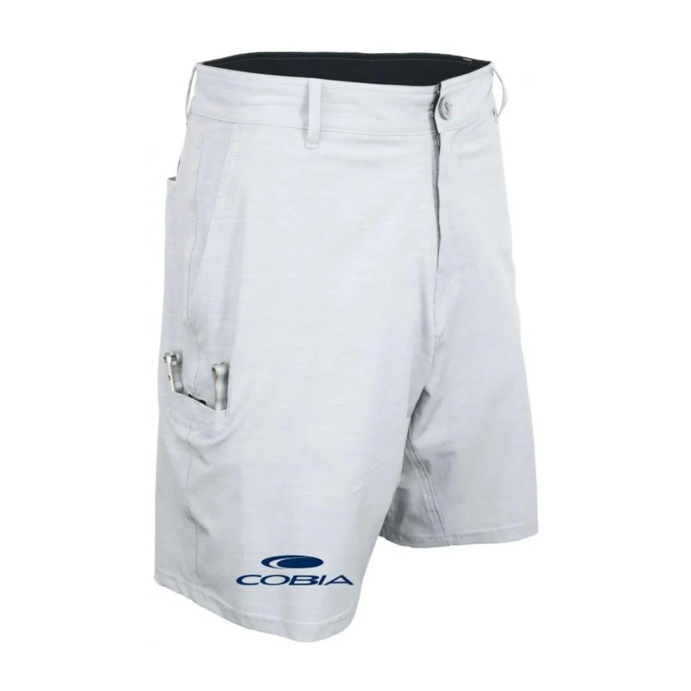 Men's light gray shorts with a navy blue cobia logo and pockets.