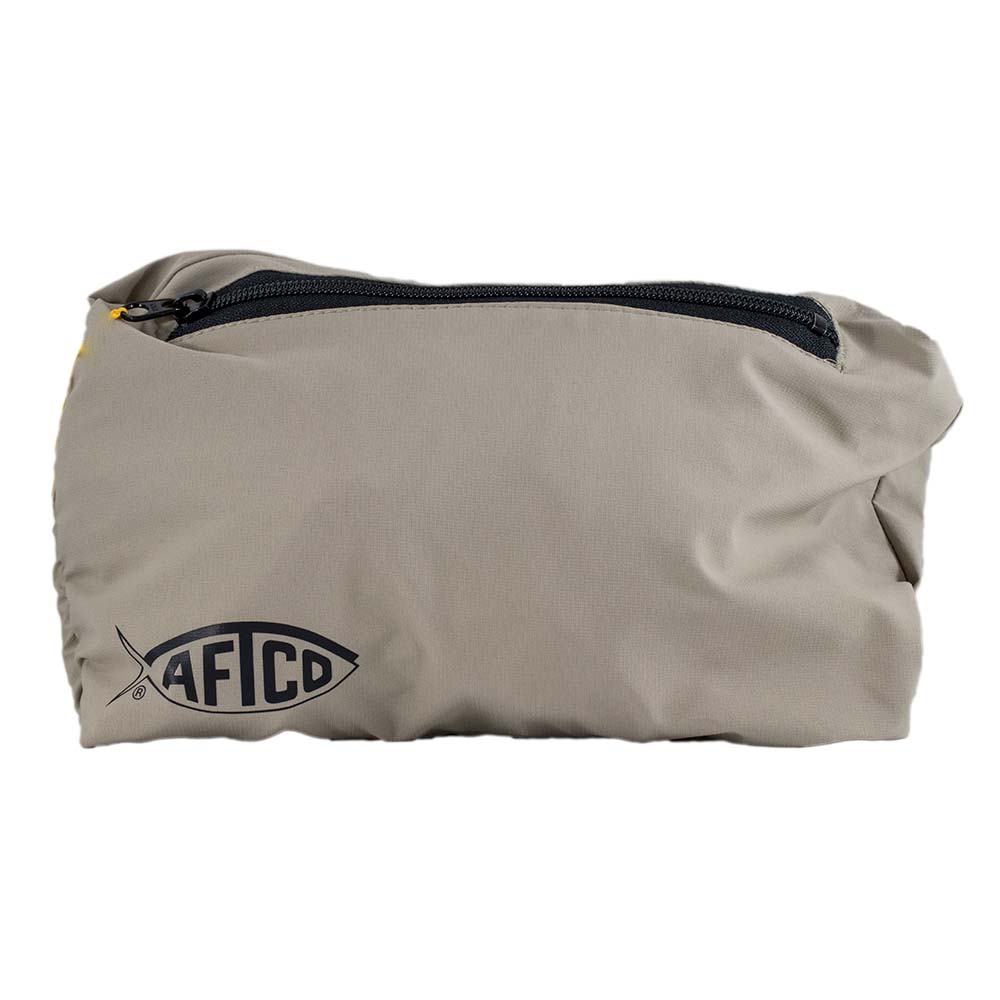 Khaki colored zippered storage pouch with a black AFTCO logo on the bottom left corner. 
