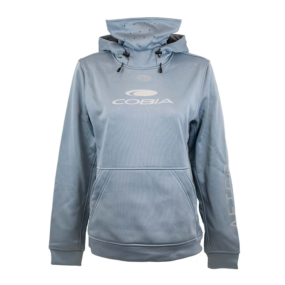 Light blue pullover hoodie with a neck gaiter and the logo 'Cobia' on the chest in white.