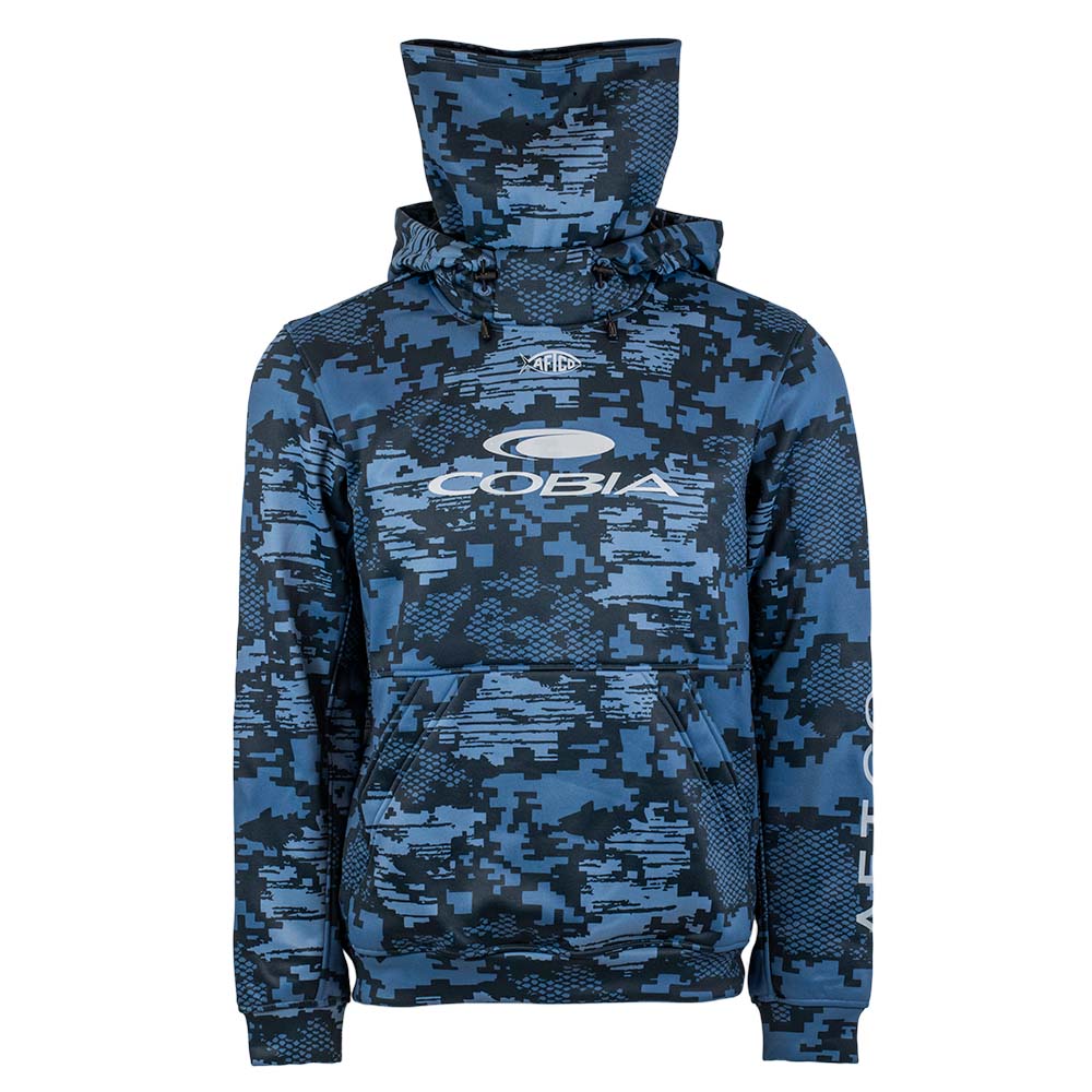 Blue and black camouflage hoodie with a built in neck gaiter and white cobia logo across the chest. 