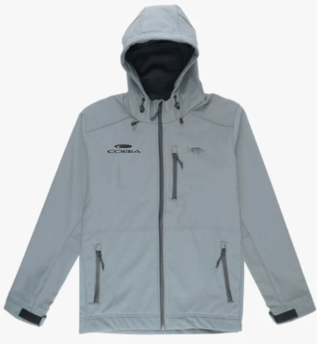 Gray jacket with a black cobia logo on the right chest. 
