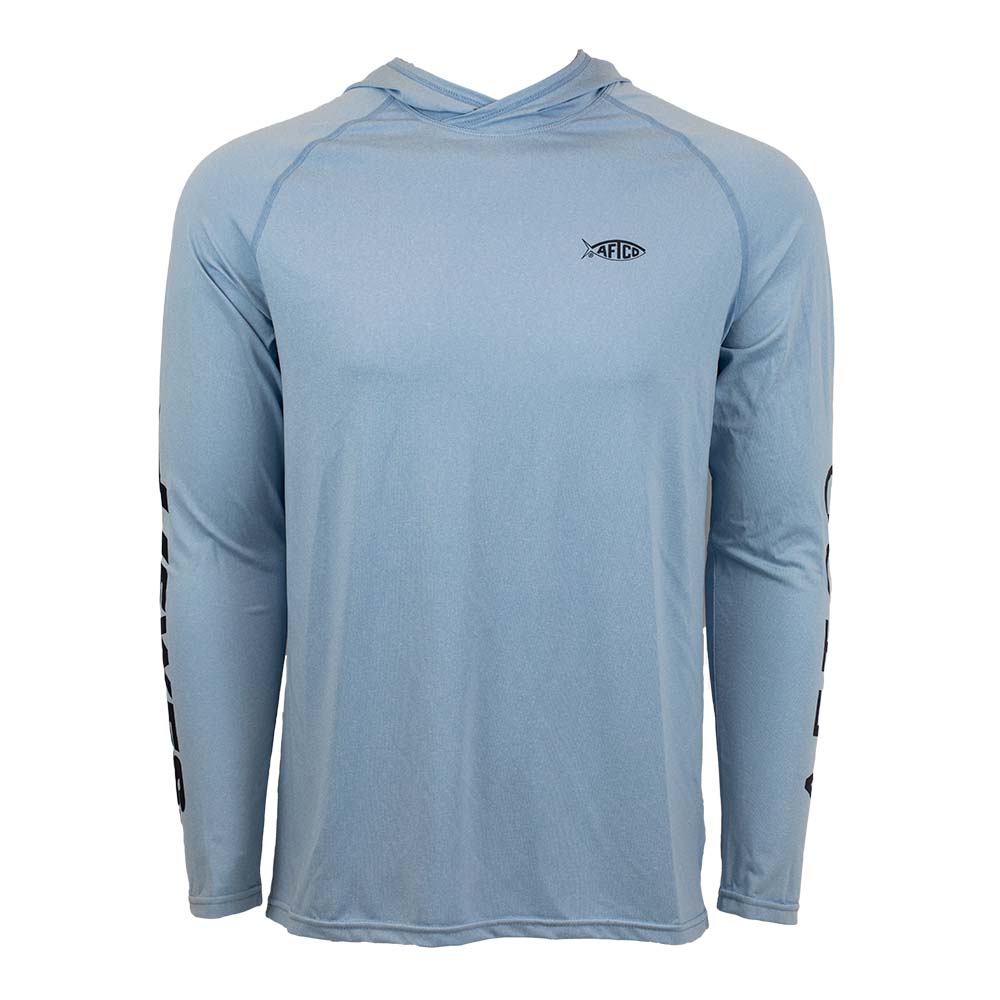 Light blue long-sleeve hooded shirt with black AFTCO logo on the left chest.