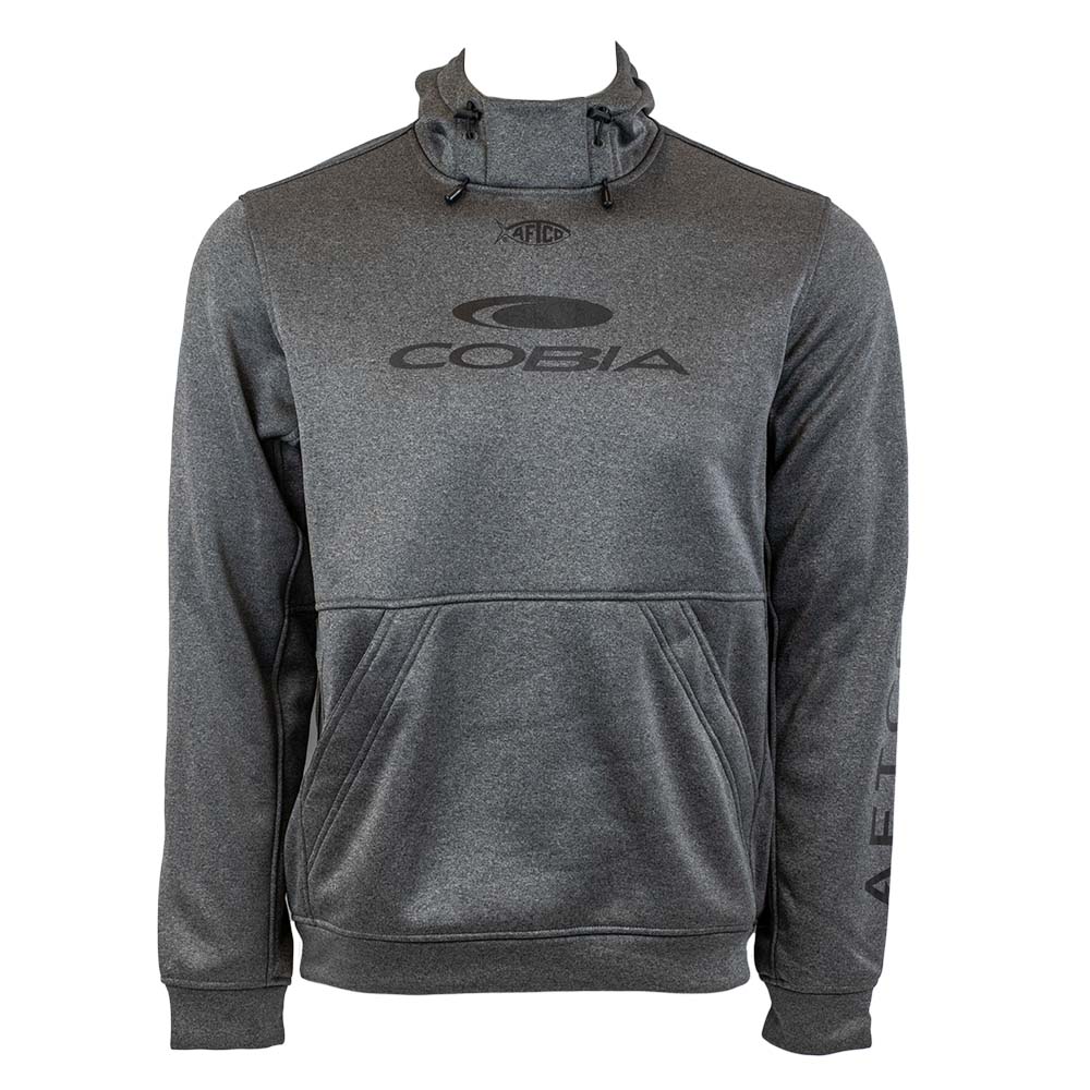 A dark gray hoodie with the text 'COBIA' printed on the front in black. 