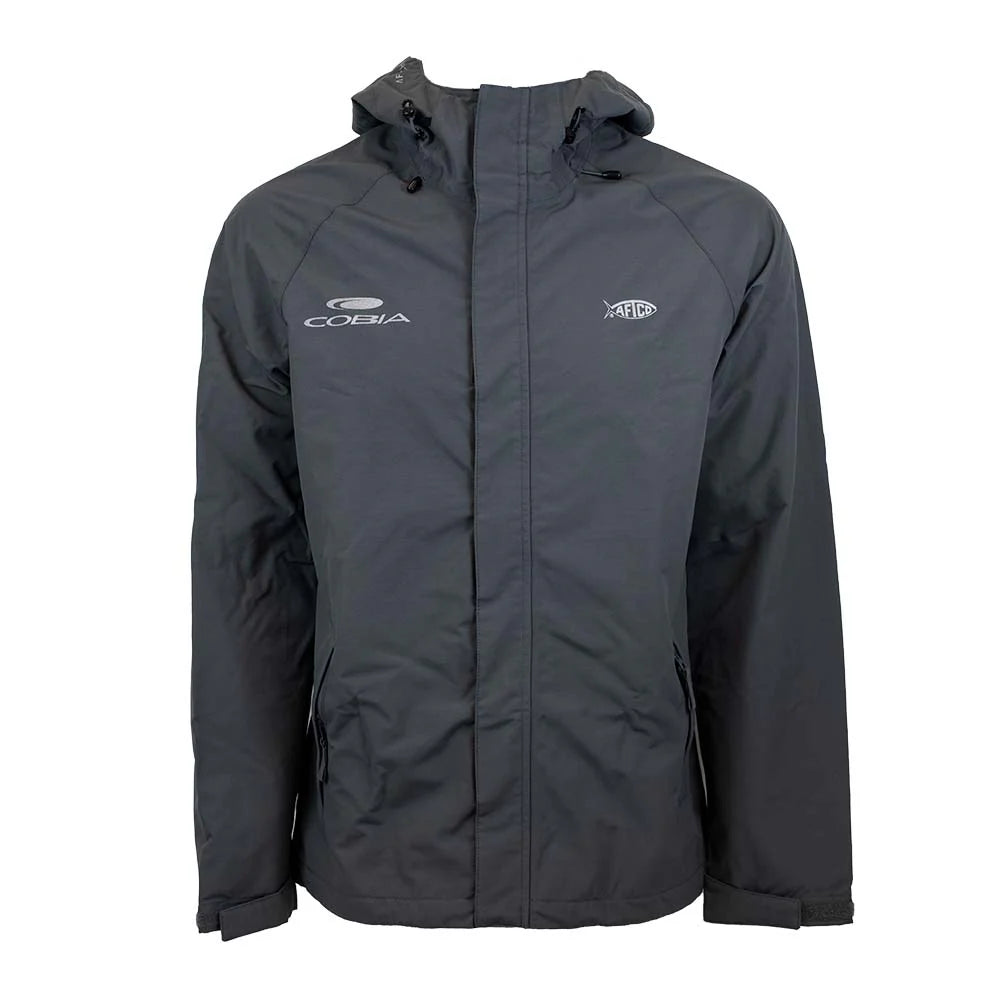 Men's charcoal grey waterproof jacket with a hood and a white Cobia logo on the right chest and AFTCO logo on the left chest.