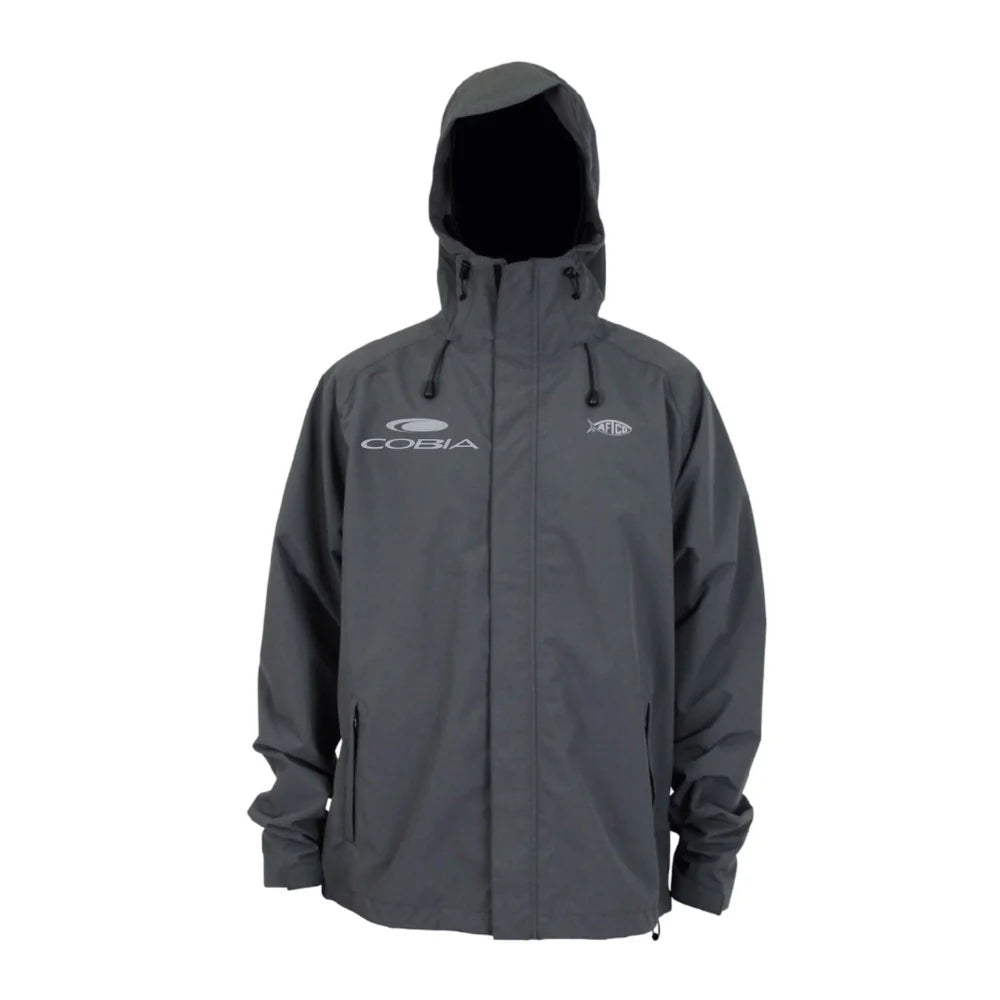 Gray waterproof jacket with the hood up and the cobia logo on the right chest. 
