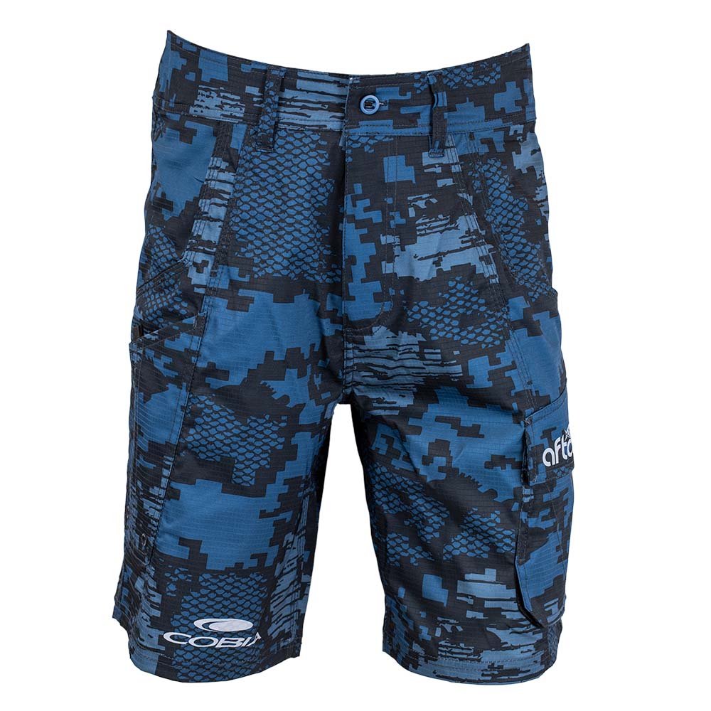 Blue digital camouflage shorts with a white Cobia logo on the right leg.