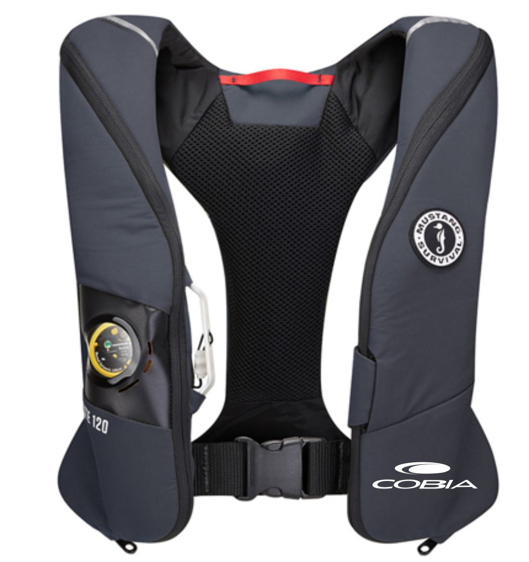 Grey life jacket with a white cobia logo printed on the bottom corner of the left side.
