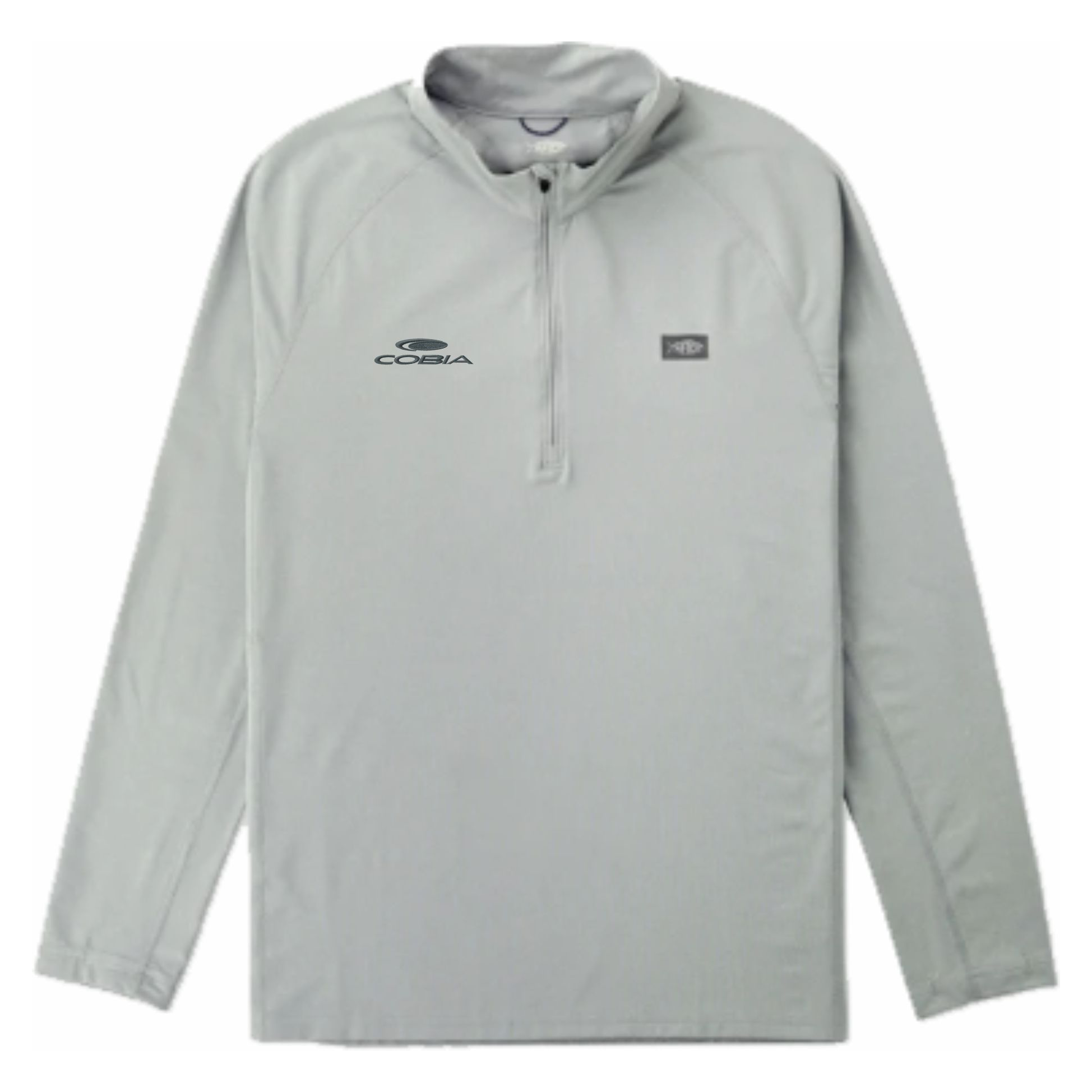 A light gray long-sleeve quarter-zip pullover with a high collar, featuring the Cobia logo on the left chest and a smaller logo patch on the right chest, displayed against a plain white background.