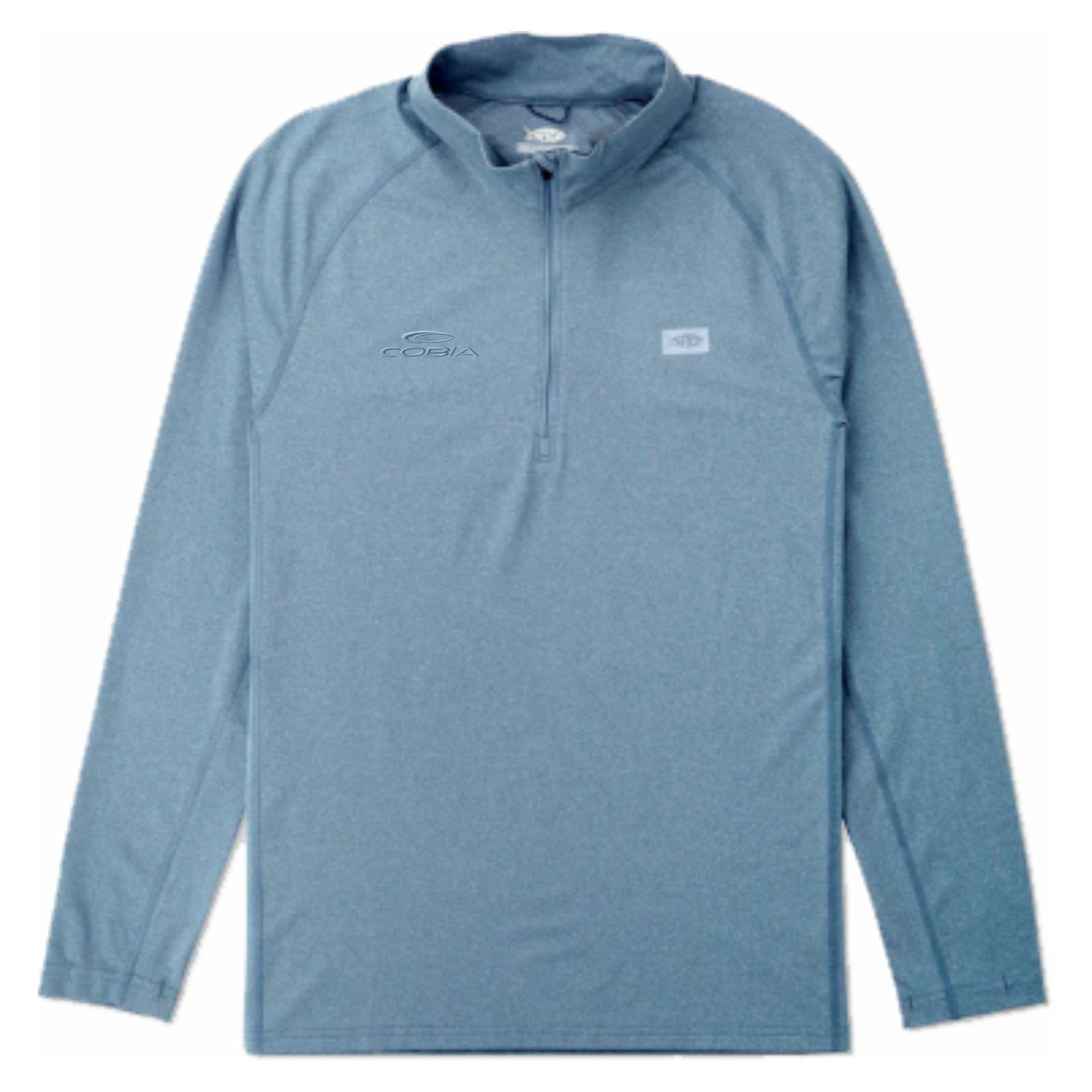 A heathered blue long-sleeve quarter-zip pullover shirt with a small embroidered logo on the left chest and a white brand patch on the right chest, displayed against a plain white background.