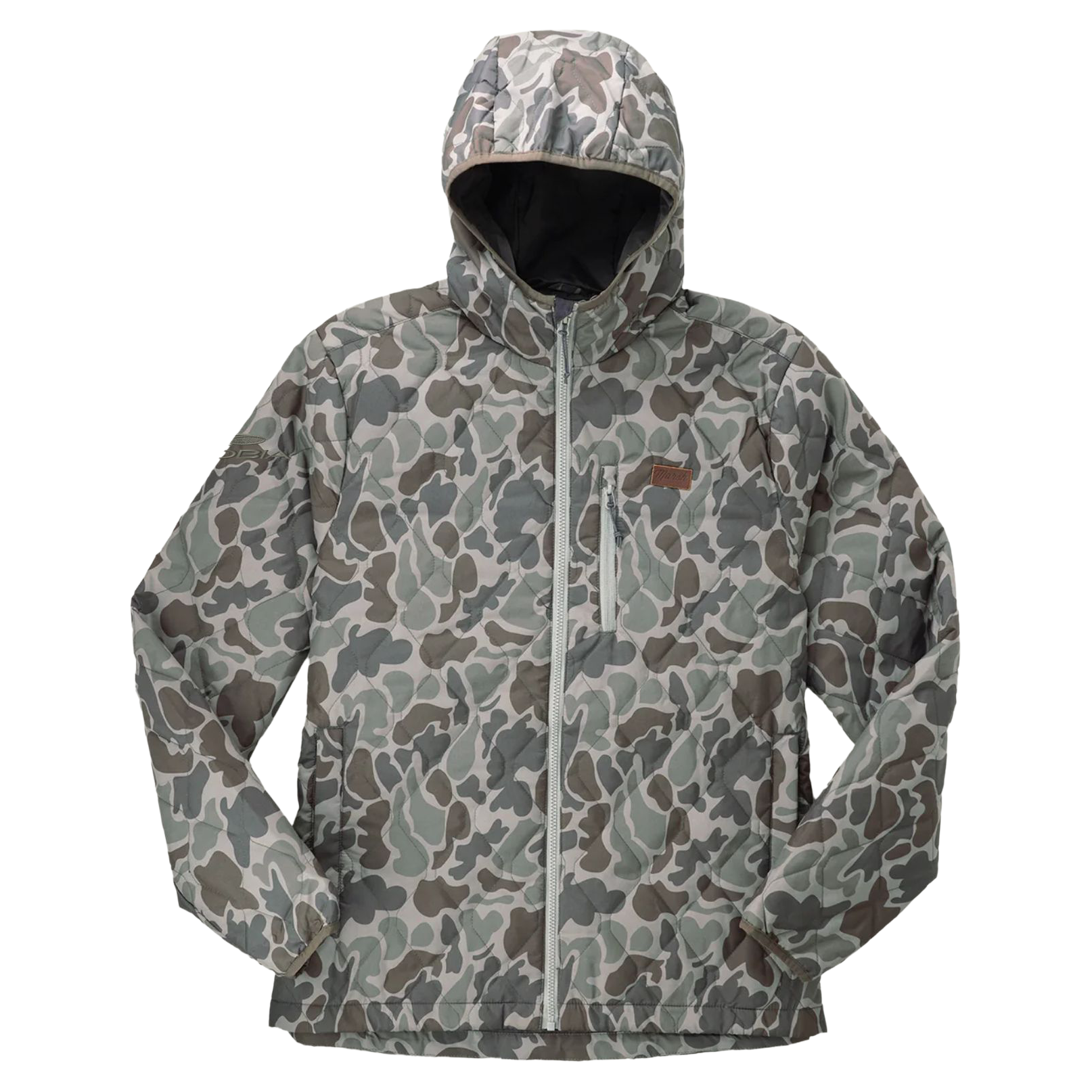 Light grey and brown camo hooded zippered jacket with a brown cobia logo on the right shoulder.