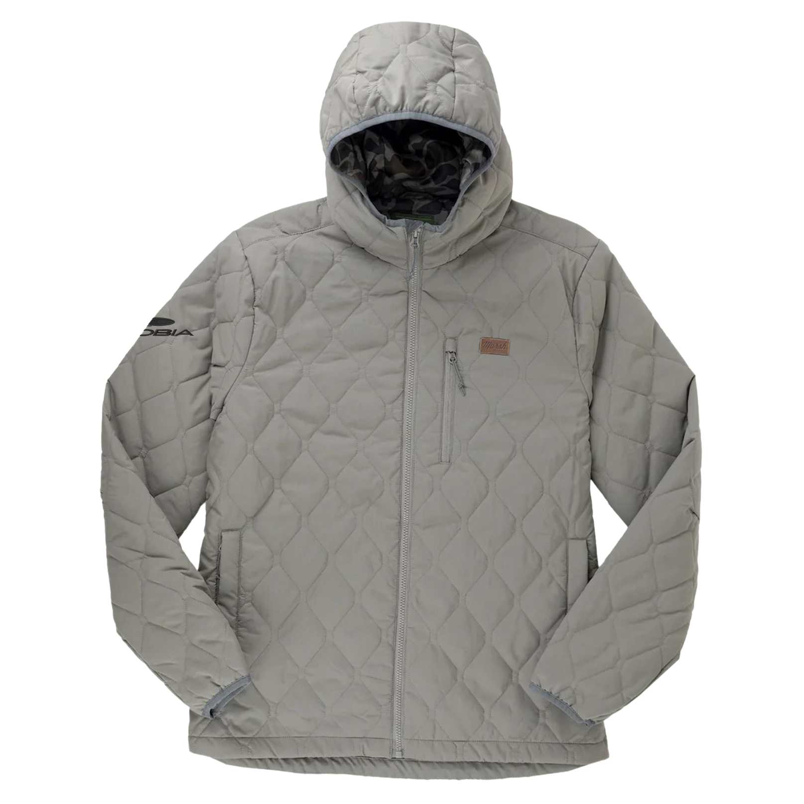 Light grey hooded zippered jacket with a black cobia logo on the right shoulder.