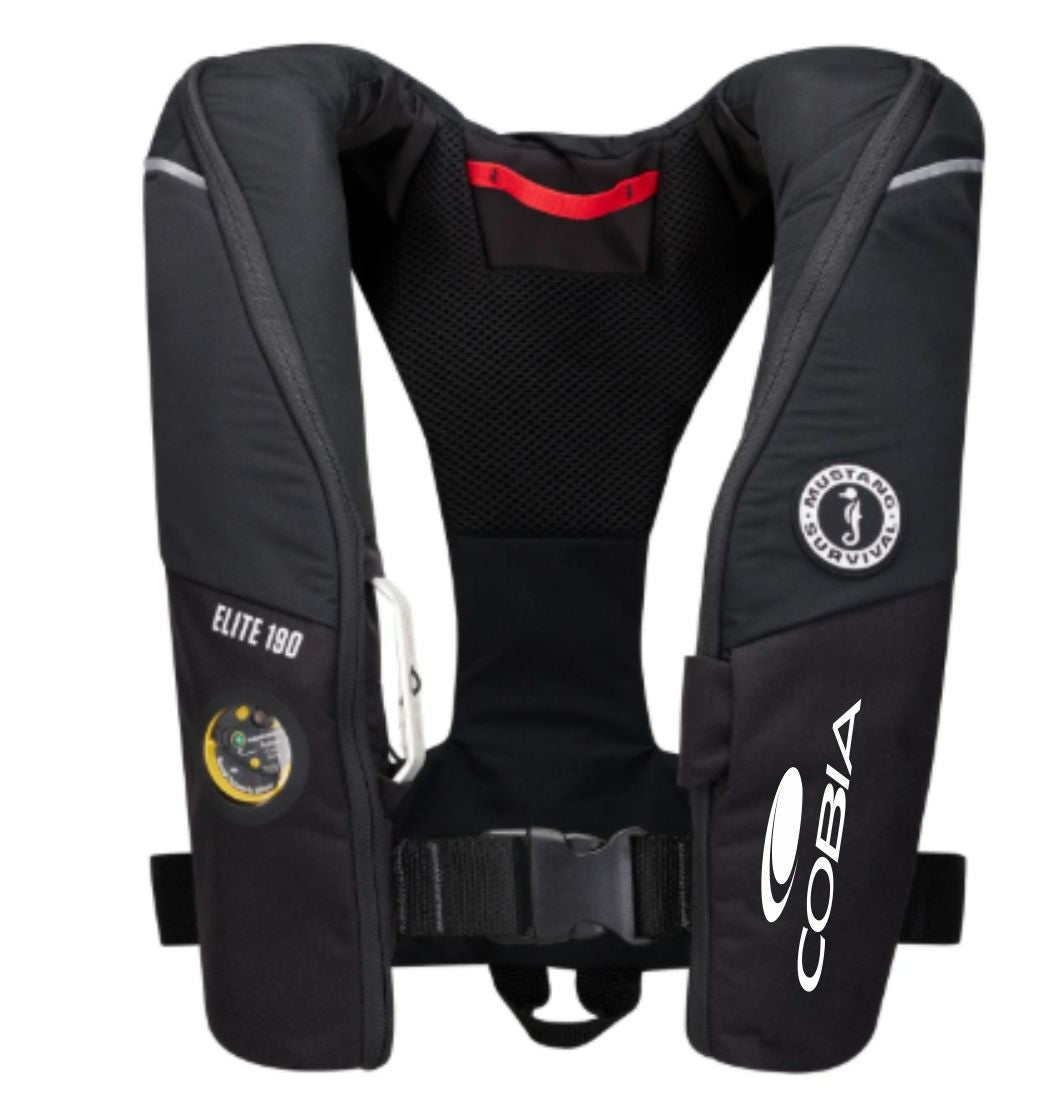 Black life jacket with a white cobia logo printed on the left side. 