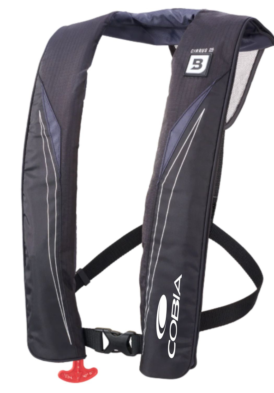 Black life jacket with white Cobia branding on the bottom left side.