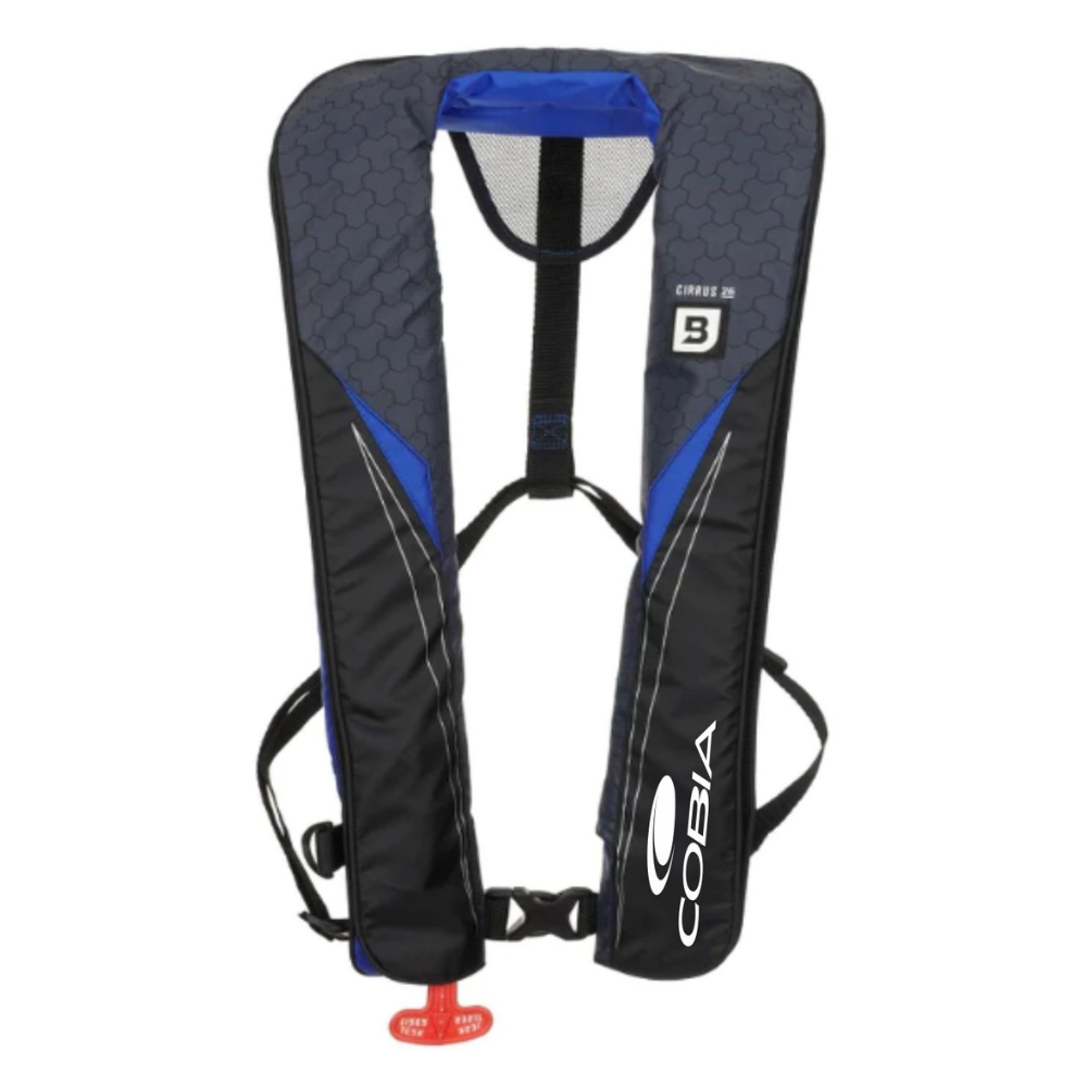 Cobia inflatable life jacket in black and blue, with a white logo on the bottom of the left side. 
