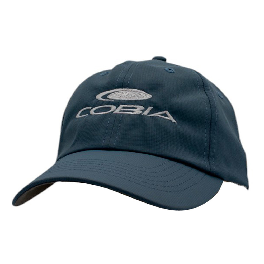 Navy blue baseball cap with a white COBIA logo embroidered across the front. 