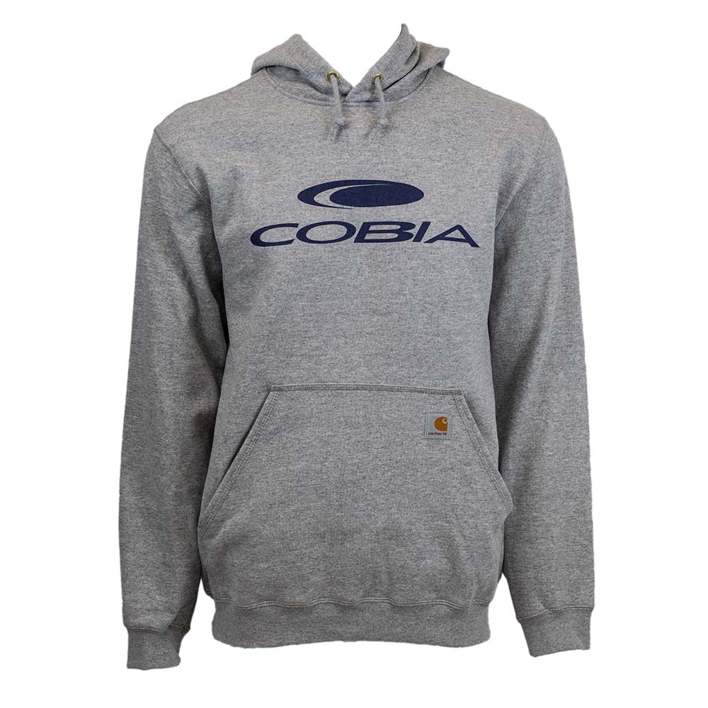 Light gray hoodie with a large COBIA logo on the front in navy. 