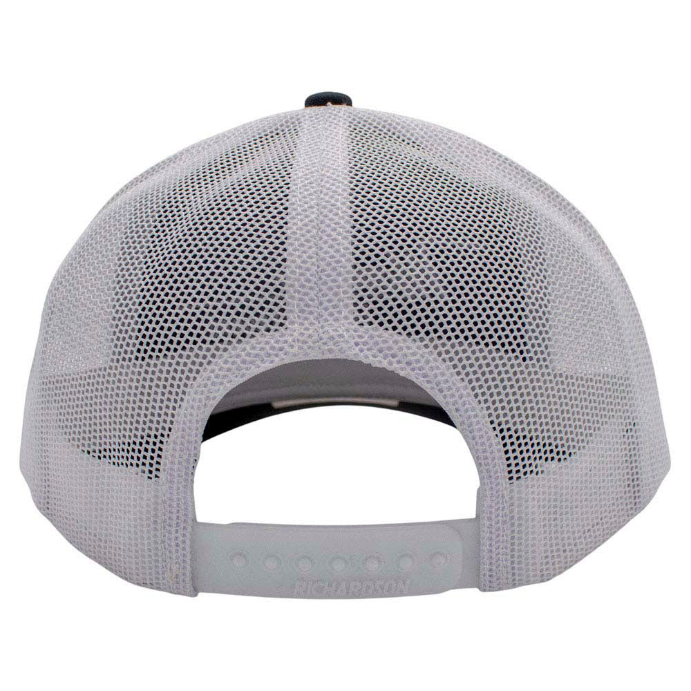 White mesh back of a baseball cap with a snap back closure.