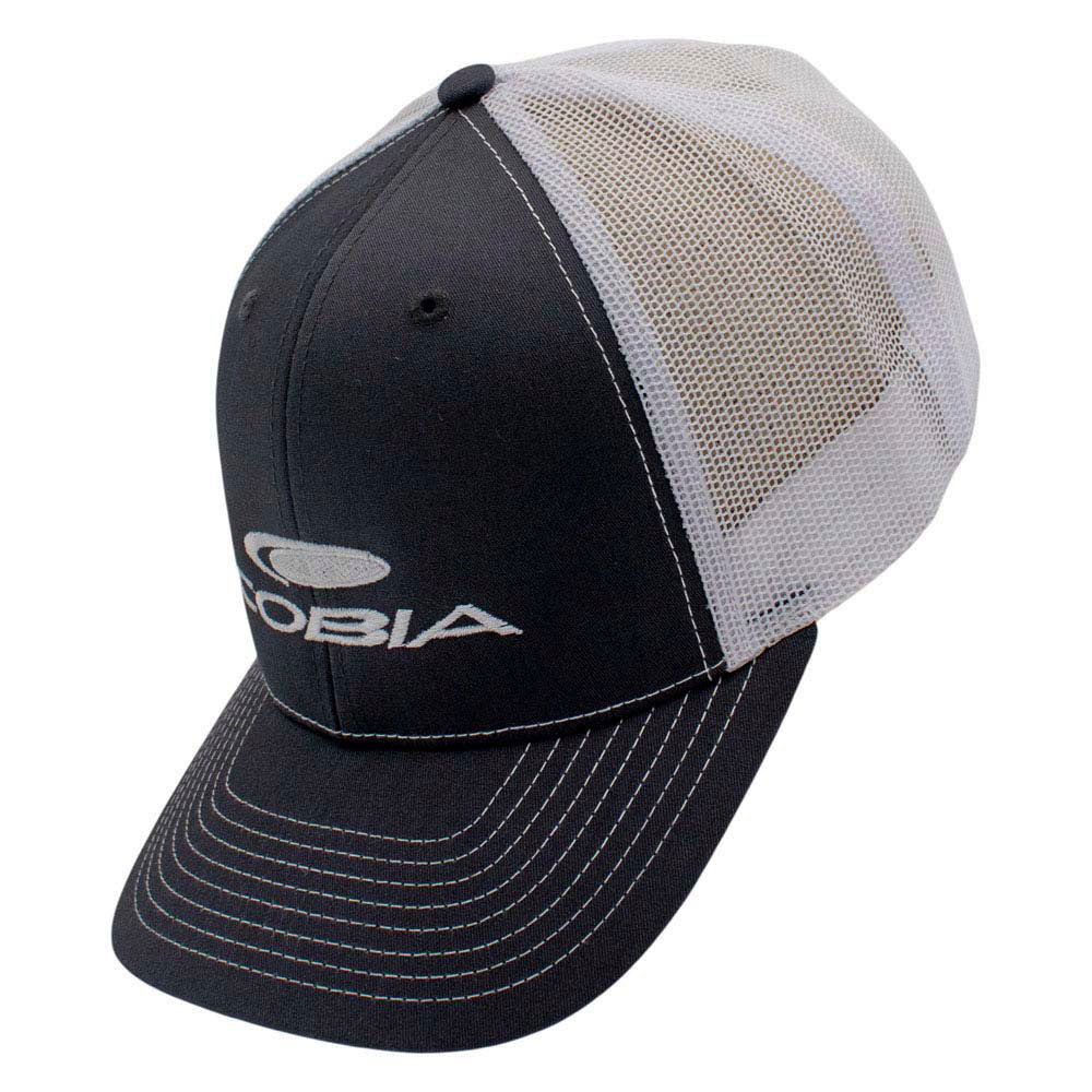 Side of a white and gray cap with a white 'Cobia' logo on the front.