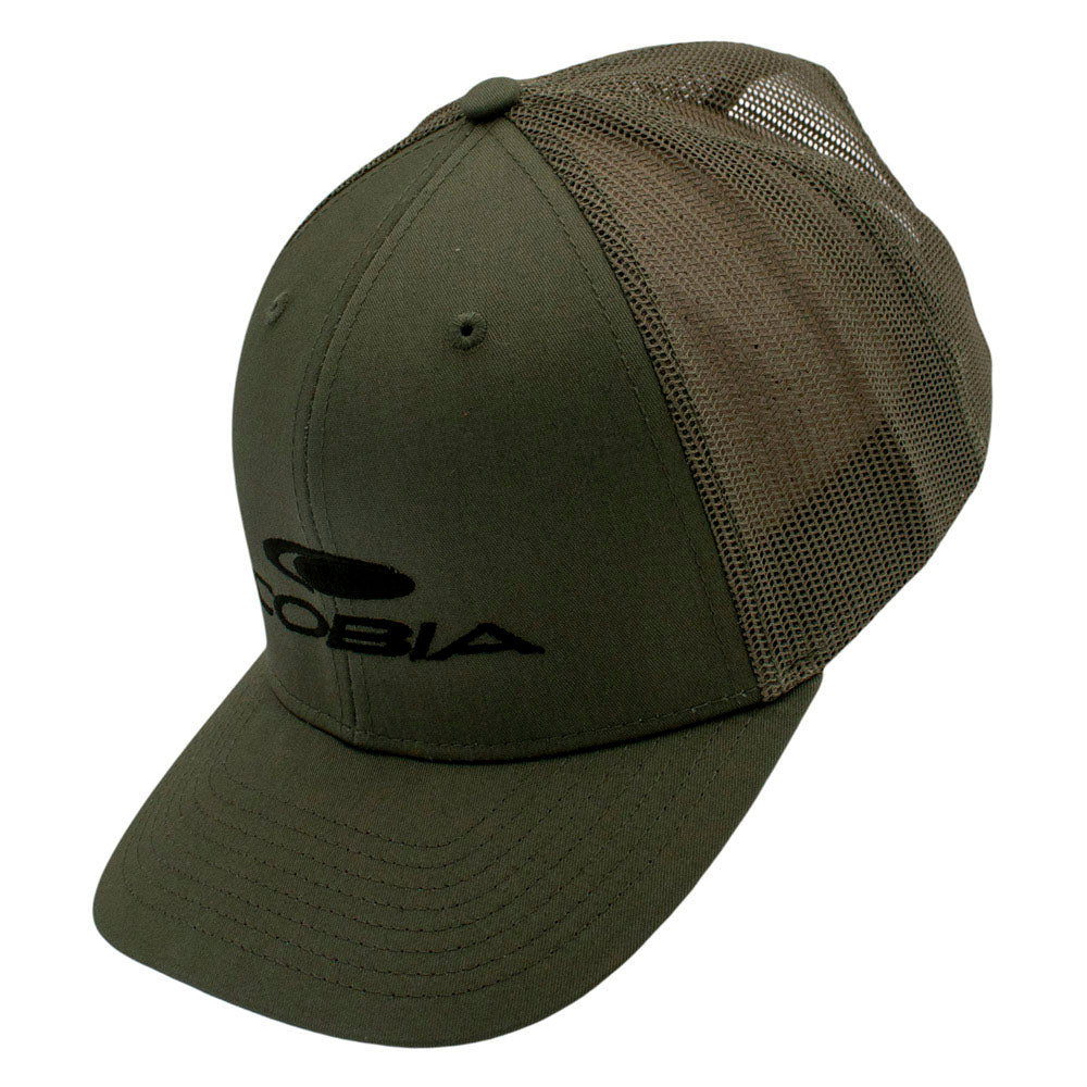 Side of a green cap with a mesh back and a 'Cobia' logo on the front.