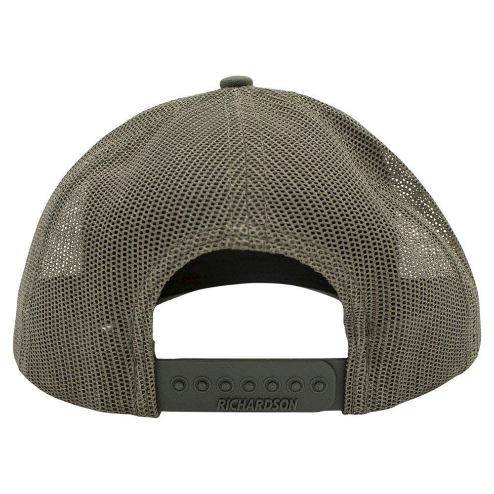 Back view of a tan mesh cap with a snapback closure.