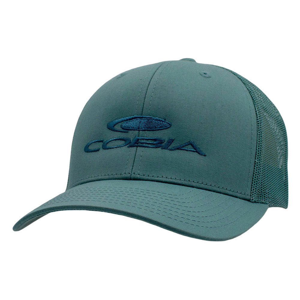 Blue cap with a cobia logo on a white background.