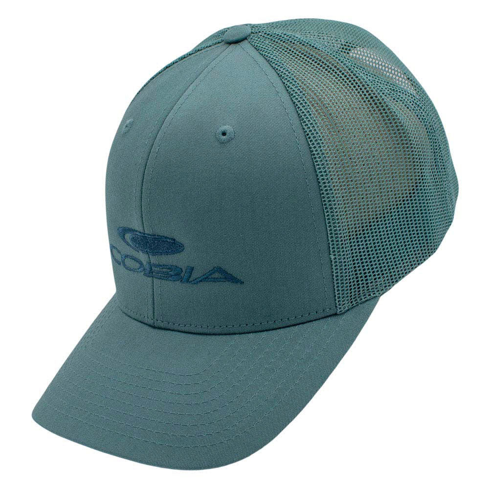 Side of a blue cap with a cobia logo embroidered on the front and a mesh back.