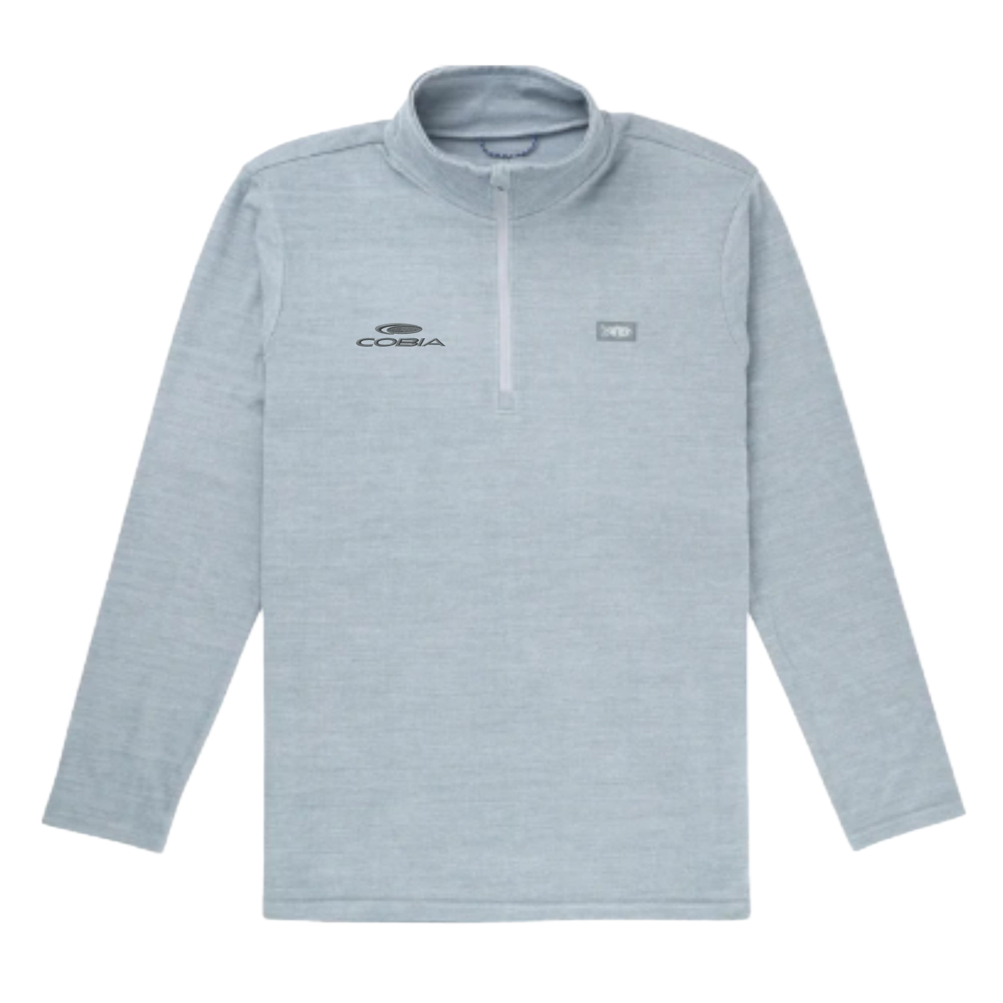 A light gray heather long-sleeve quarter-zip pullover with a black Cobia logo on the left chest and a small white square logo on the right chest, shown on a plain white background.