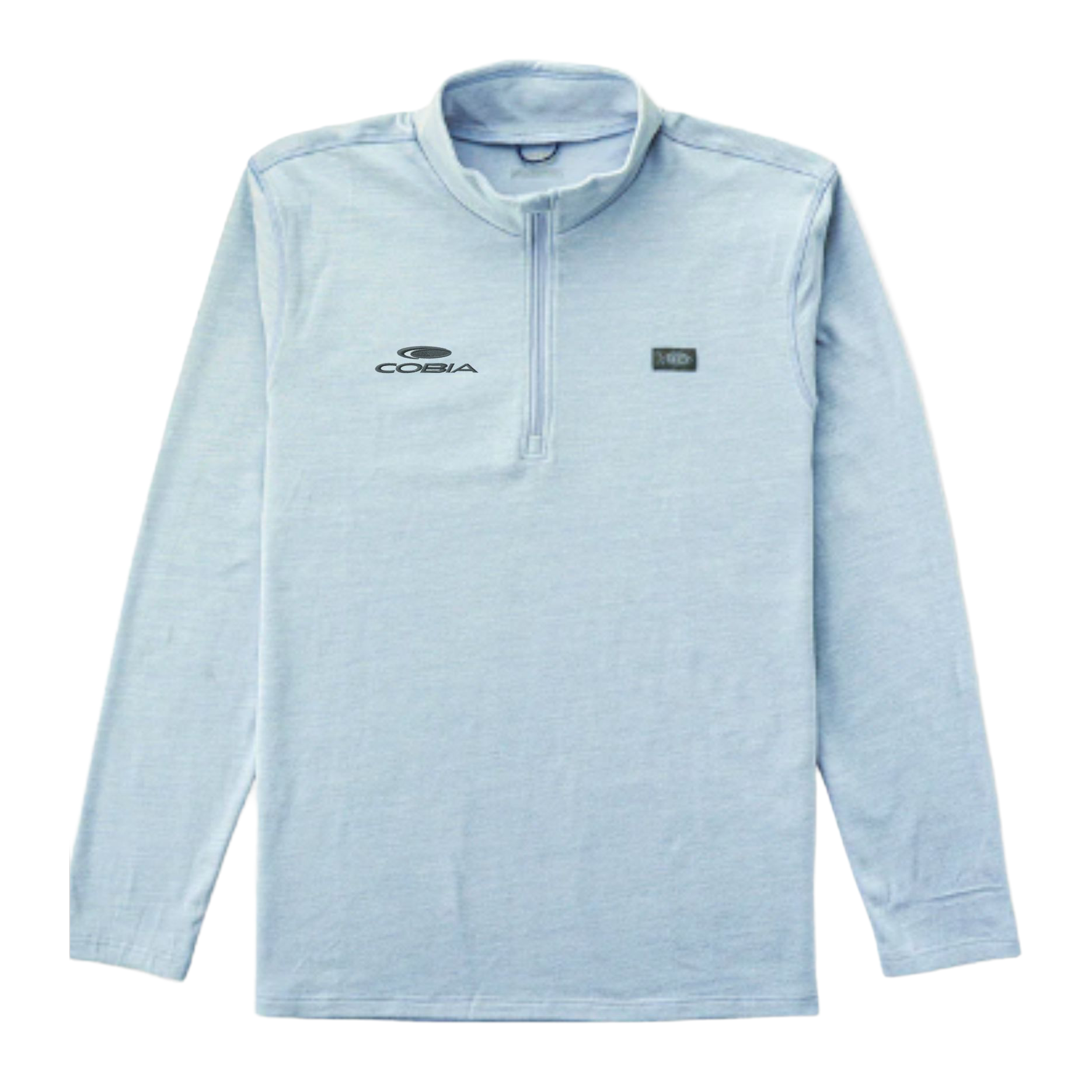 A light blue long-sleeve quarter-zip pullover top with 'Cobia' printed in black on the left chest and a small dark rectangular logo patch on the right chest, shown against a plain white background.